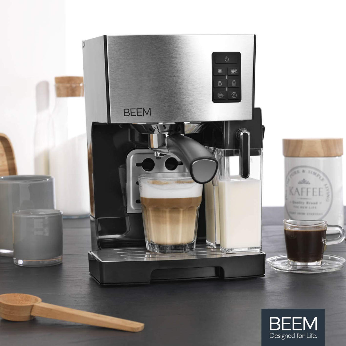 BEEM CLASSICO Máquina portafiltros de espresso - 19 bar | Plata | Depósito de leche integrado y boquilla de vapor | Depósito de agua extraíble | 1450 W
