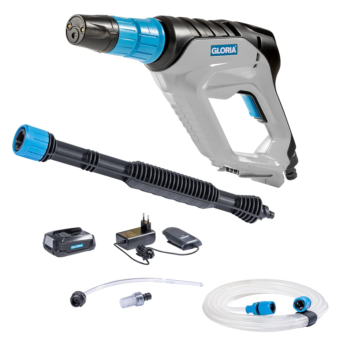 Gloria MultiJet 18 V Set | Utilizable como Limpiador a presión, Pistola de Espuma, pulverizador, Cepillo | Boquilla 4 en 1, Lanza de 40 cm, Manguera de 5 m | Incl. batería 18 V Bosch