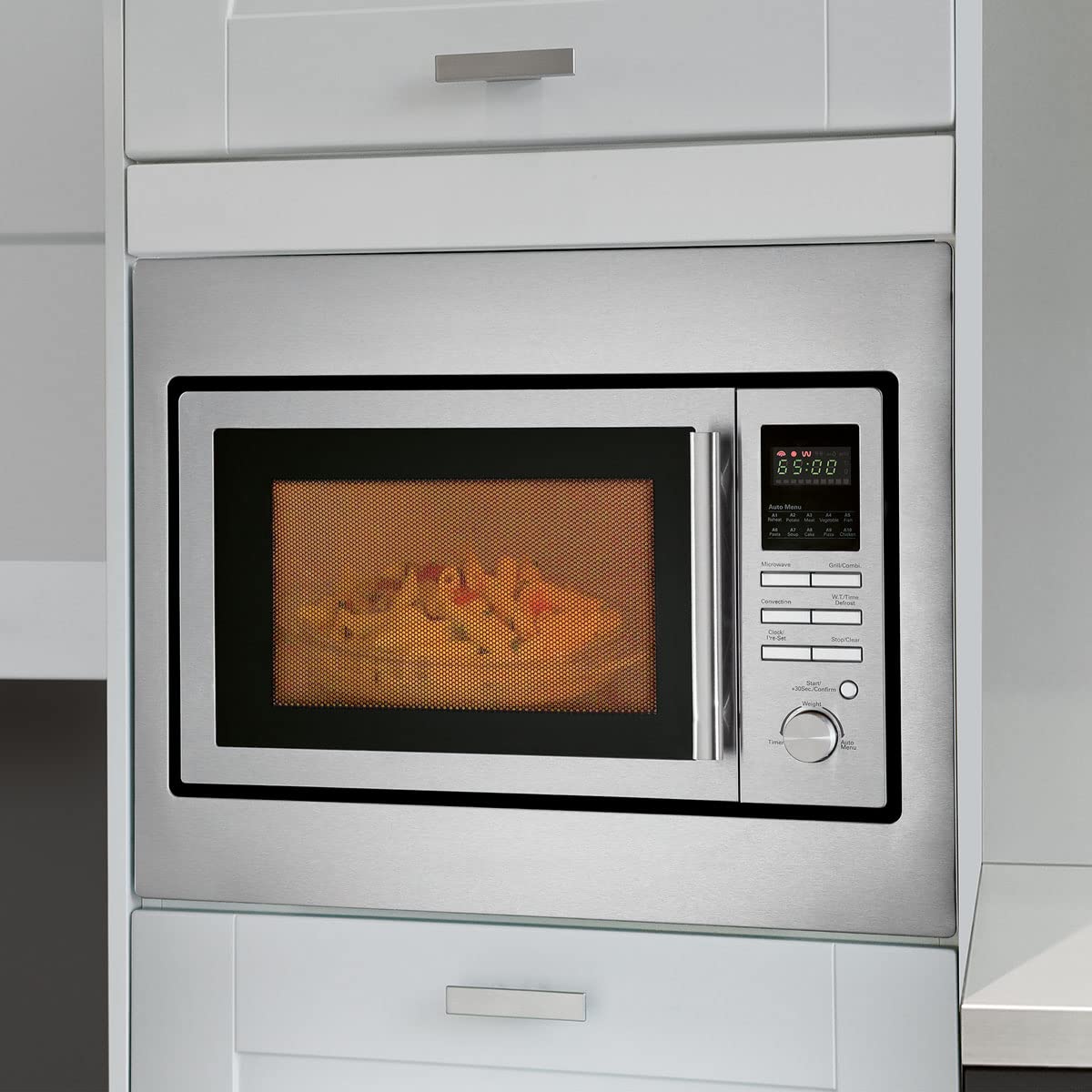 Microondas encastrable Bomann 3en1 con grill y convección,25 L de espacio de cocción, 10 programas automáticos,incl. rejilla grill y plato giratorio (Ø 32 cm),900 vatios,acero inoxidable,MWG 2216 H EB