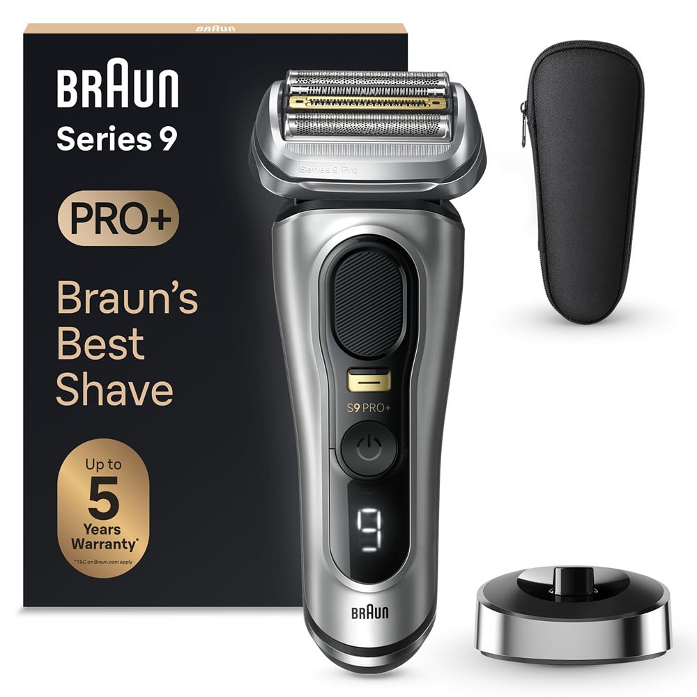 Braun Series 9 Pro+ Afeitadora Eléctrica Hombre, Máquina de Afeitar Barba Con Base De Carga y Funda De Viaje, En Seco Y En Mojado, 60 Min De Autonomía, 9517s, Plata