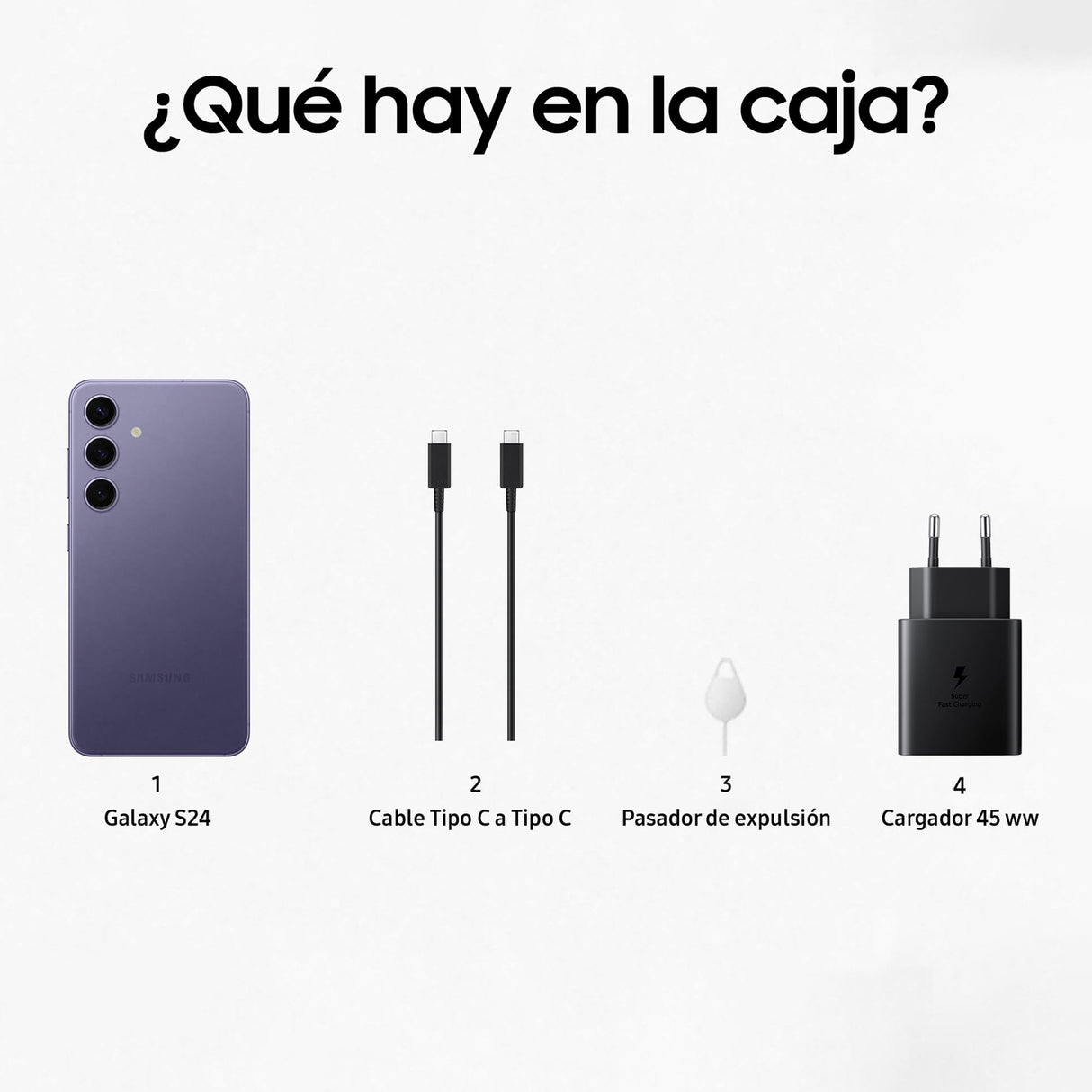 Samsung Galaxy S24 y Cargador 45W, Teléfono Móvil con IA, Smartphone Android, 8 GB RAM, 128 GB Almacenamiento, Cámara 50MP, Batería Larga Duración, Violeta Cobalt (Versión Española)