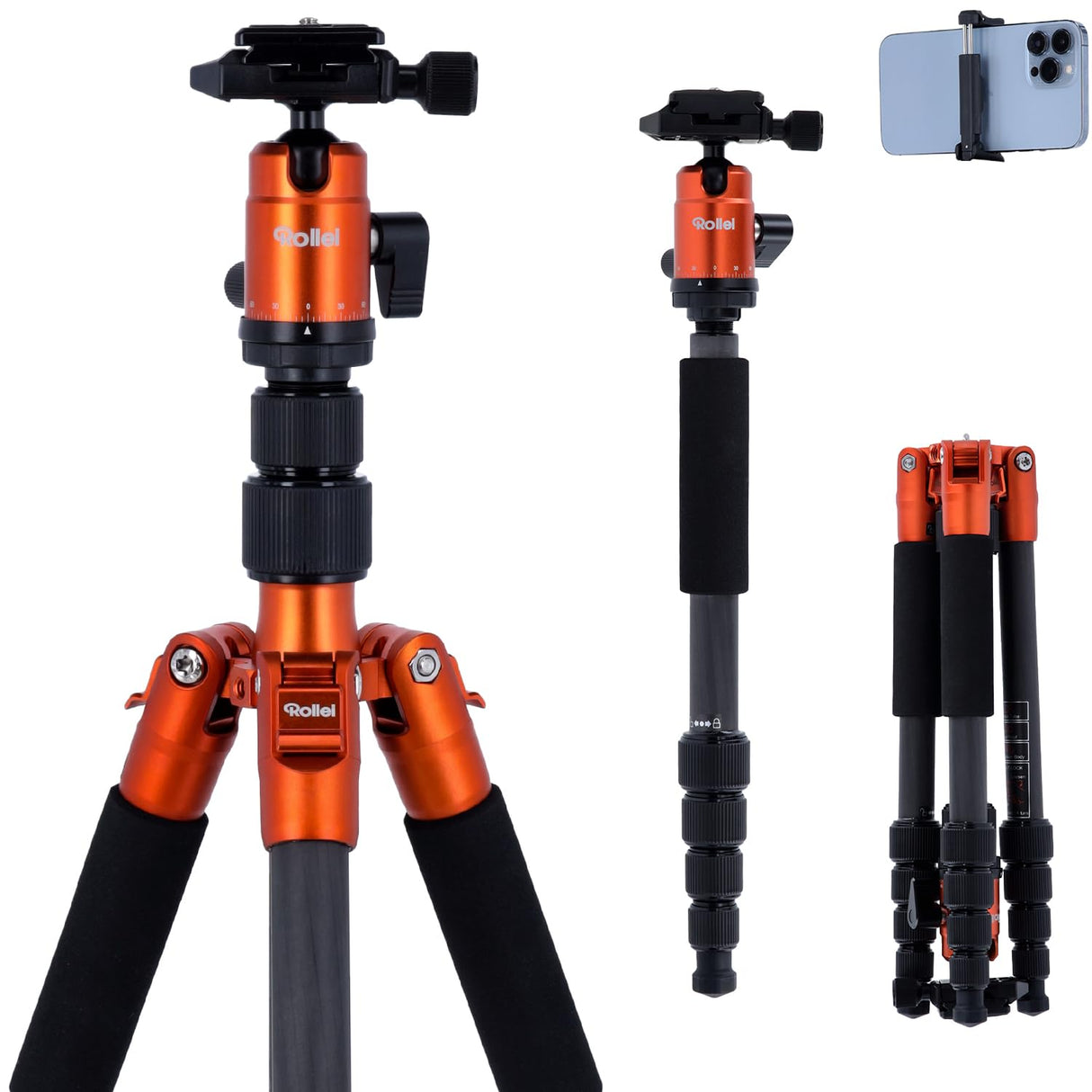 Rollei Tripode Camara Naranja, 145cm Compact Traveler No.1 Carbon Trípode de Viaje Ligero y Portátil con Soporte para Teléfono y Rótula de Bola para Nikon Sony Canon, Trípode-Cámara-Viaje-Tripod