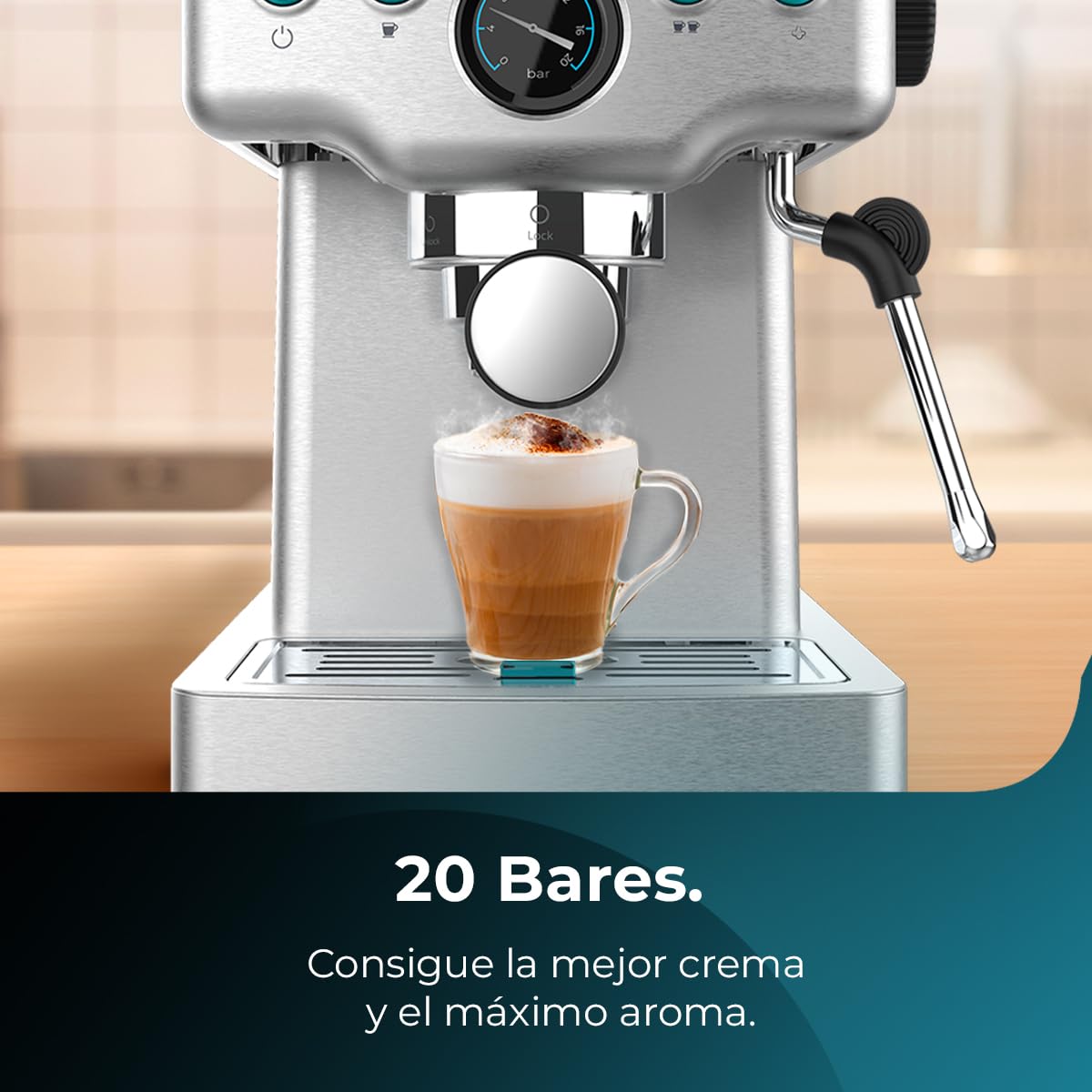 Cecotec Cafetera Express Barista Power Espresso 20 Barista Mini. 1465 W, 20 Bares, Manometro y ThermoblocK, Vaporizador Orientable y Brazo con Doble Salida, 1,8 L de Capacidad