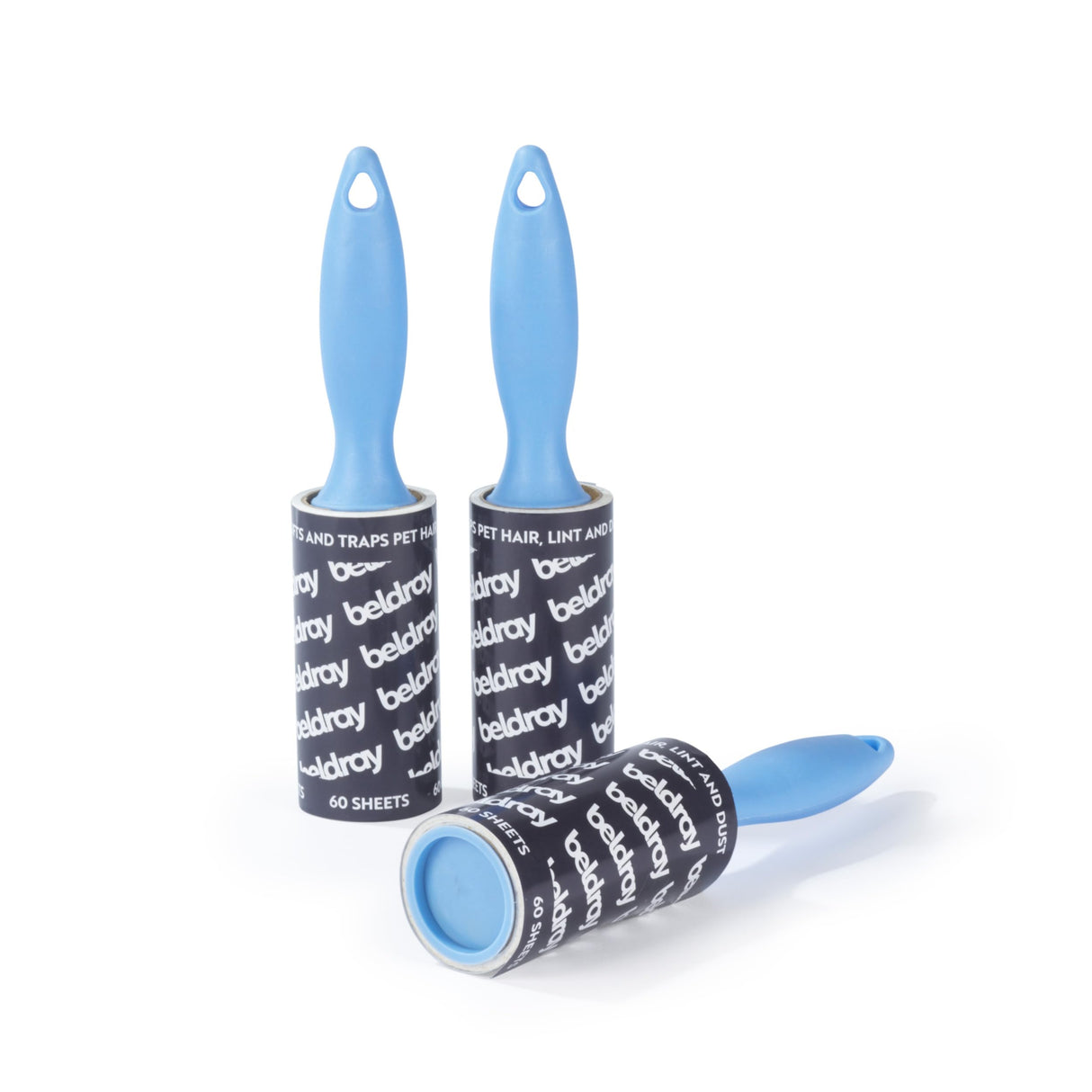 Beldray Rodillos de Pelusa Manuales - Paquete de 3, Extra Adhesivos, Elimina el Polvo, la Pelusa, el Pelo de Mascotas, Mangos Resistentes, Ganchos para Colgar, 60 Hojas por Rollo
