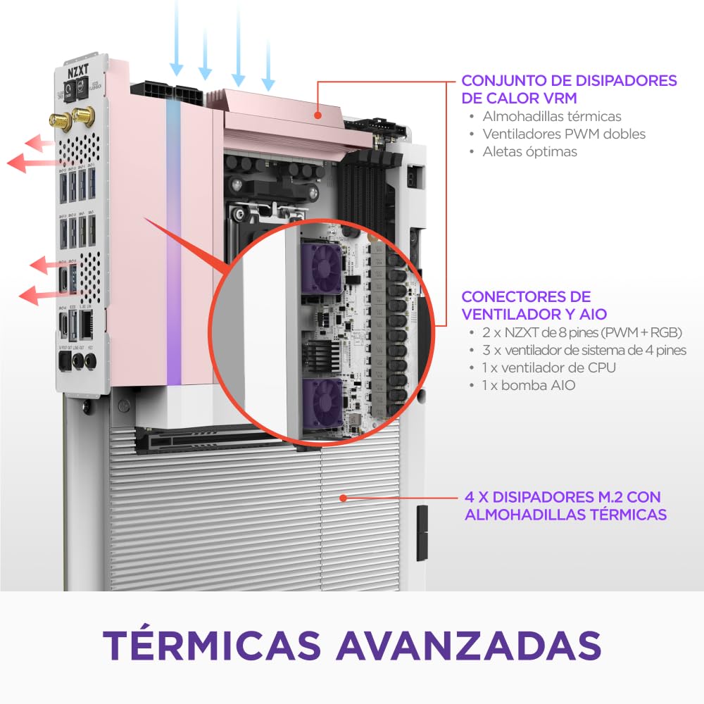 NZXT Placa Base para Juegos N9 X870E - AMD X870E AM5 ATX para Ryzen 9000/8000/7000-20+2+1, DDR5, 4X M.2, PCIe 5.0, 5GbE – Cierres de liberación rápida M.2, Cubierta de Metal Completo, PCB Blanco