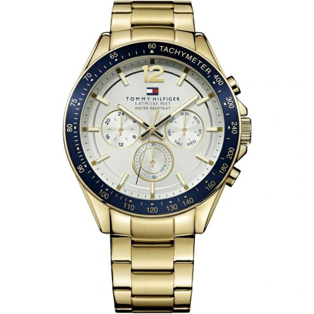 Tommy Hilfiger Reloj Multifunción de Cuarzo para Hombre 48mm - Pulsera de Acero Inoxidable Dorado, Esfera Plateada Blanca, 3 Subesferas, Resistente al Agua 5ATM - 1791121