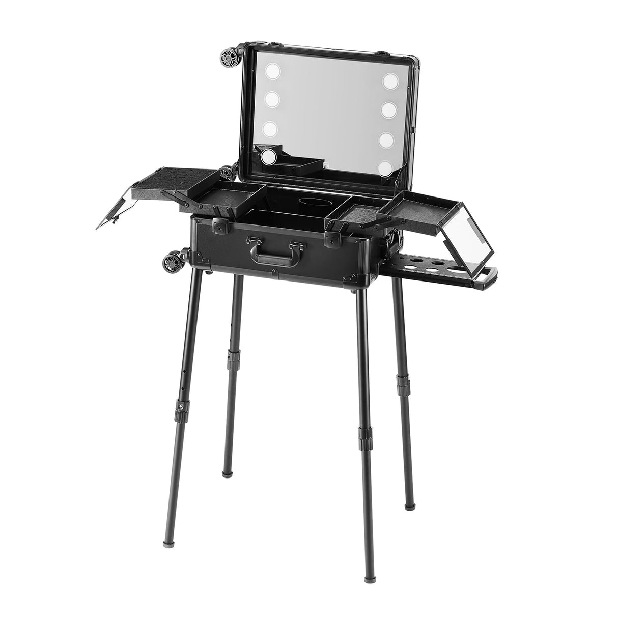 VEVOR Estuche de Maquillaje con Cerradura, Espejo, 4 Bandejas de Almacenamiento, Portaescobillas, Caja de Almacenamiento de Cosméticos con Ruedas Giratorias de 360° en Soporte para Estudio de Artista
