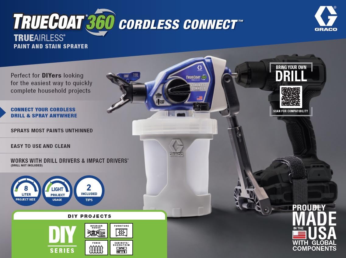 Magnum by Graco 26D361 TrueCoat 360 Cordless Connect, pulverizador de pintura airless portátil sin cable, pulverizador para taladro, uso doméstico, pequeños proyectos decorativos (presión máx 138 bar)