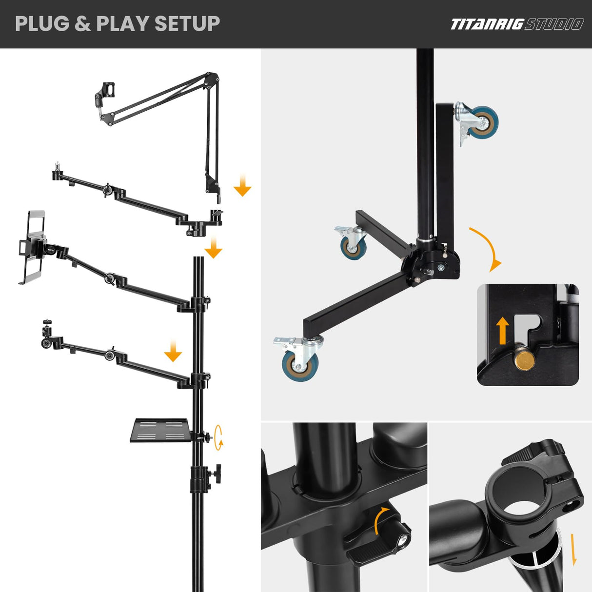 TARION Soporte Camara Mesa Brazo: Soporte para Camara de Escritorio Flexible Overhead Camera Mount Rig Fotografia con Brazo Articulado para Luz de Anillo Micrófono Video Titanrig(Conjunto de Pasillo)