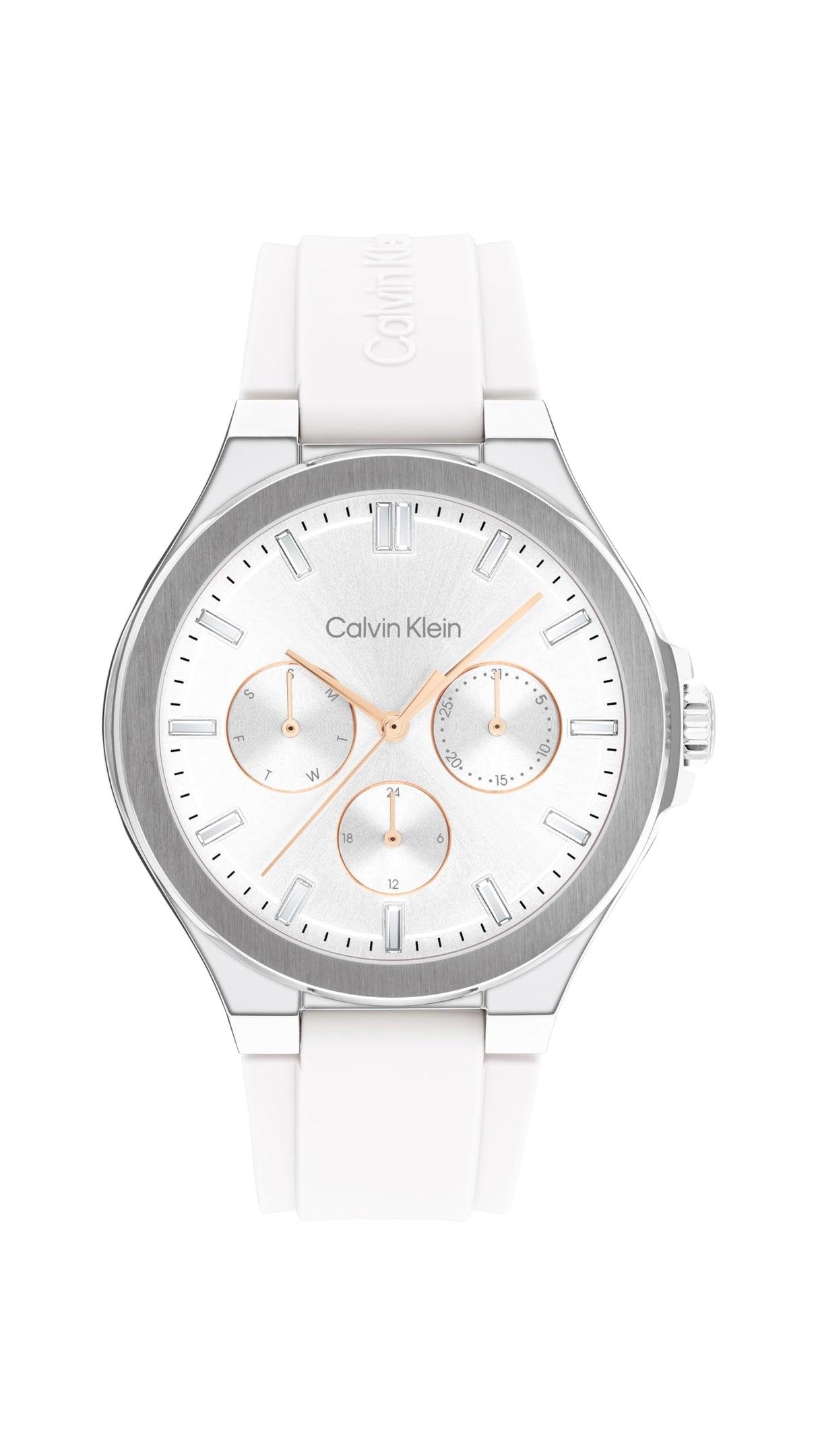 Calvin Klein Reloj Analógico de Cuarzo Multifunción para Mujer Colección Vibrancy con Correa de Silicona Blanca - 25100106