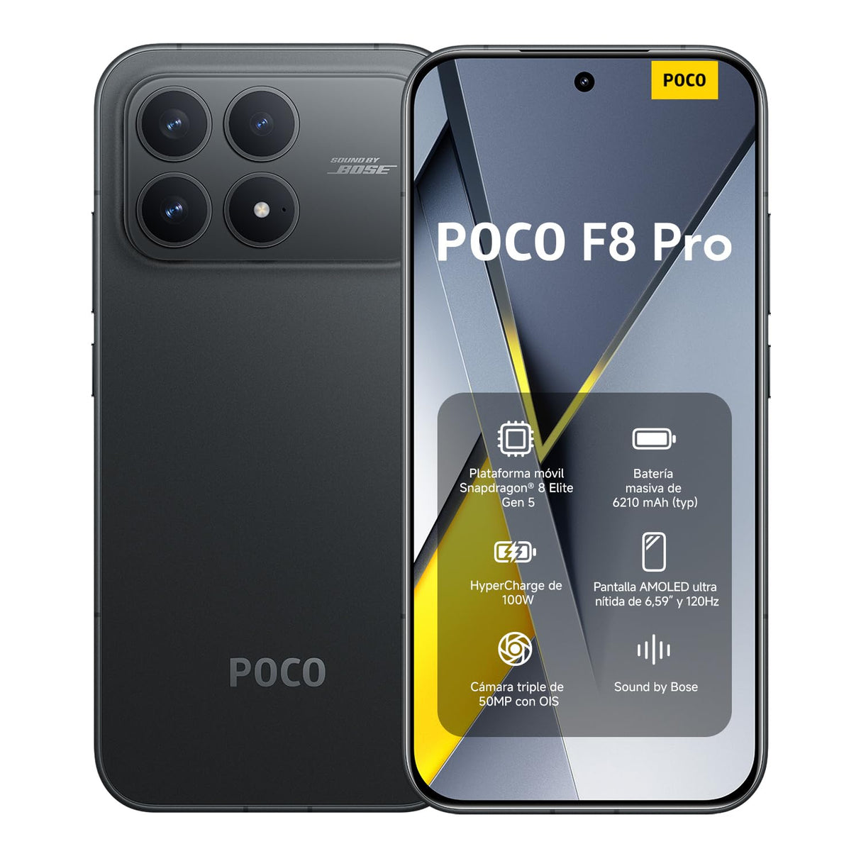 XIAOMI POCO F8 Pro - Smartphone de 12+256GB, Triple cámara de 50MP con OIS, Pantalla AMOLED de 6,59” 120Hz, Snapdragon 8 Elite, Hypercharge 100W, Cargador no Incluido, Negro (Versión ES)