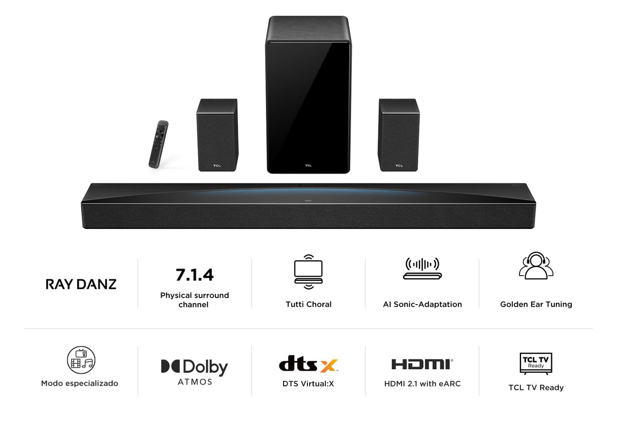 TCL Barra de Sonido icónica de Cine en casa con 7.1.4 Canales Q85H Pro -AI Sonic Adaptation Tutti Choral - Potencia máxima de 860 W