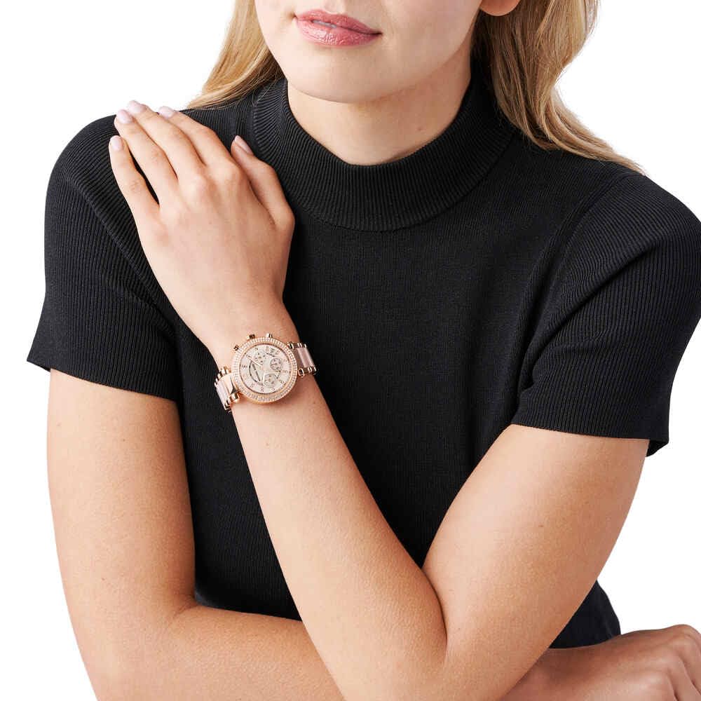 Michael Kors - Reloj Parker cronógrafo de Cuarzo con Correa de Acero Inoxidable en Tono Oro Rosa con eslabones centrales de Acetato ruborizado para Mujer MK5896