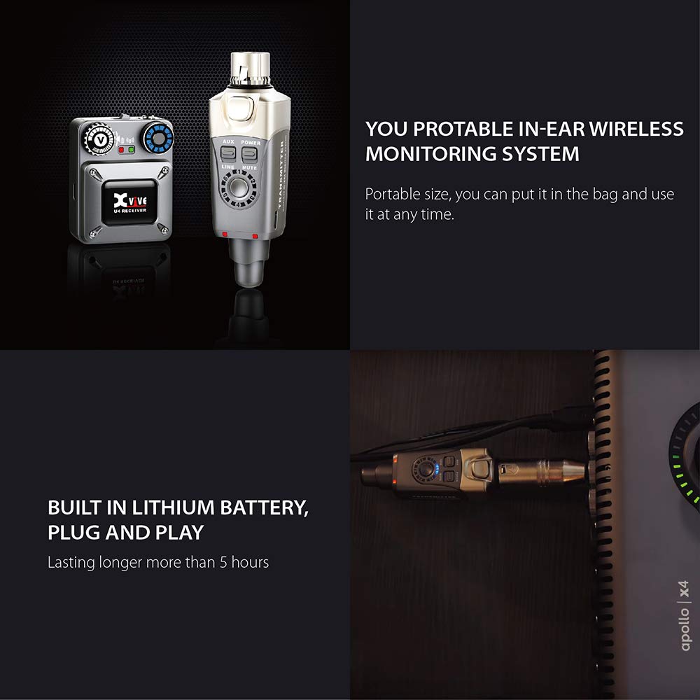 Xvive U4R4 Wireless In Ear Monitor, Sistema inalámbrico Profesional para monitorización de Auriculares in-Ear, Compuesto por 1 emisor y 4 Receptor