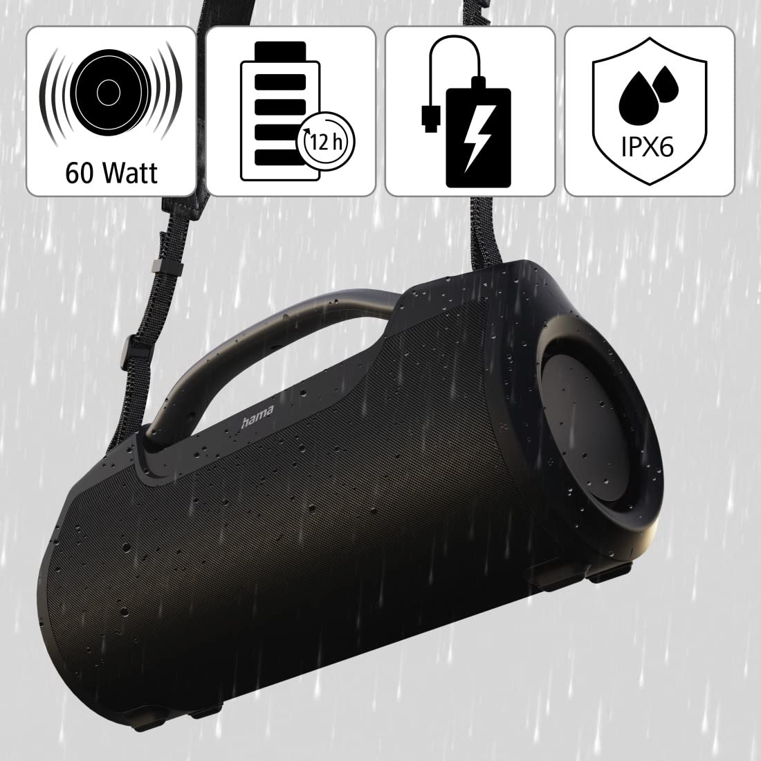 Hama | Altavoz portátil Bluetooth con Sonido Potente 60 W, Resistente al Agua IPX6, batería 12 h, Bluetooth, AUX y USB‑C