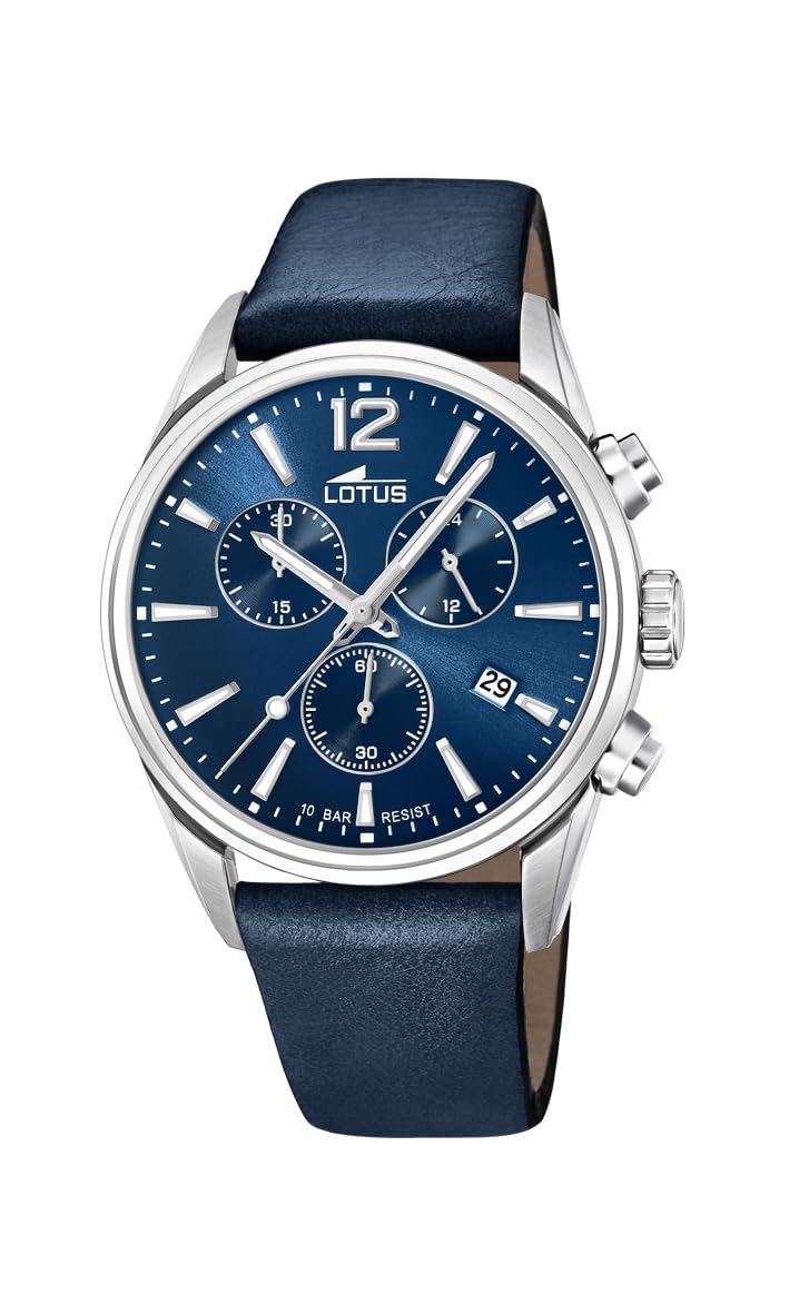 Lotus Reloj Hombre 18691/1 Chrono Caja de Acero Inoxidable 316l Plateado Correa de Cuero Azul