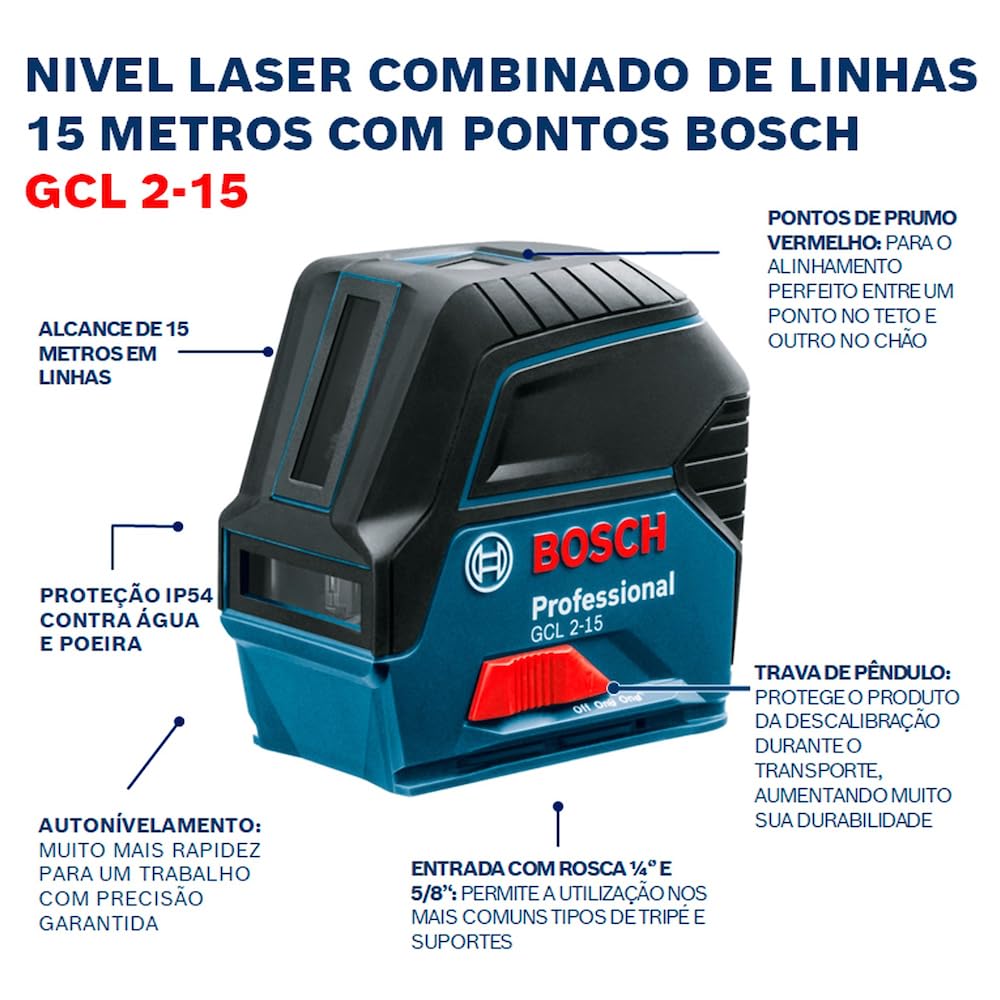 Bosch Professional Nivel láser GCL 2-15 (láser rojo, interior, con puntos de plomada, alcance: 15 m, 3 pilas AA, soporte giratorio RM 1, placa reflectora láser, estuche de protección, maletín)