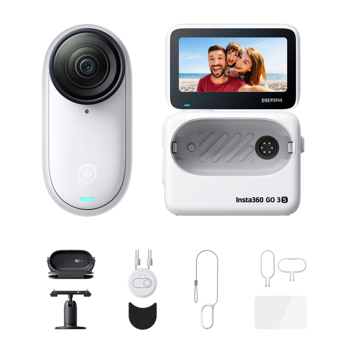 Insta360 GO 3S Paquete de Acción - Cámara Vlogging 4K, POV Manos Libres, Móntala Donde Quieras, Estabilización, 140 Min de batería, Impermeable 10 M, Edición IA, Apple Find My, Vlog, Viajes, Blanco