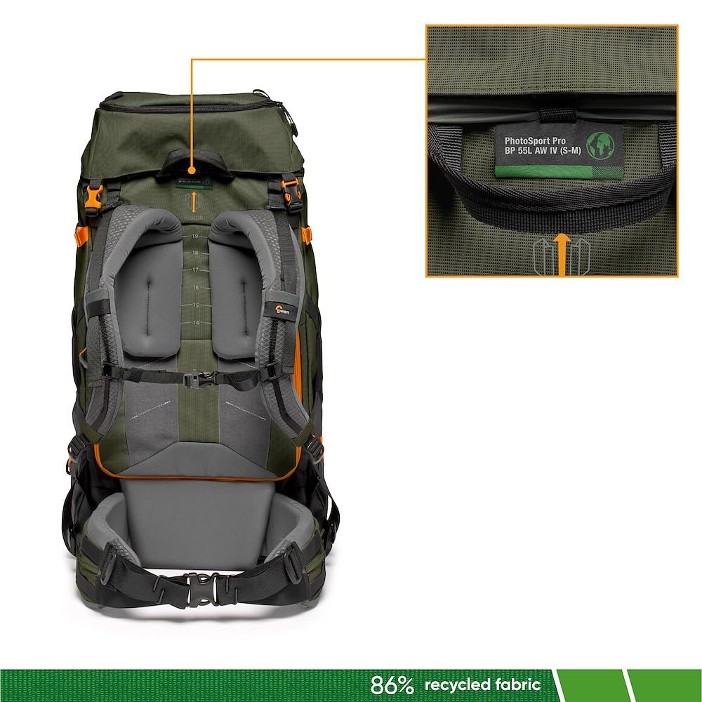 Lowepro PhotoSport PRO BP 55L AW IV - Mochila para cámaras réflex sin espejo, acceso delantero/trasero, compartimento extraíble para cámara, correas para accesorios, talla S/M, gris oscuro/verde
