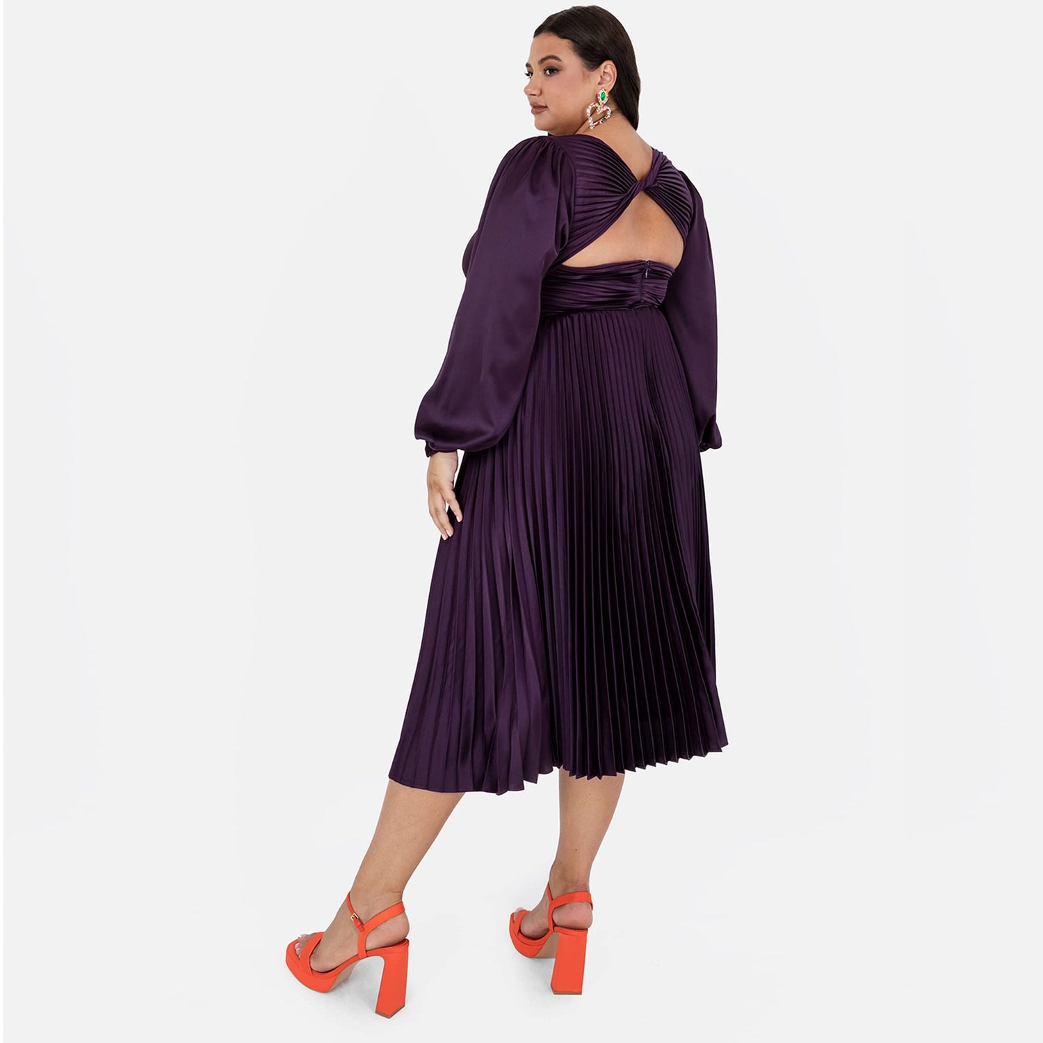 Lovedrobe Pleated Midaxi Dress Ladies Evening Gown V Neckline Back Keyhole Long Sleeve Bishop Satin A Line Vestido, Purple, 22 para Mujer