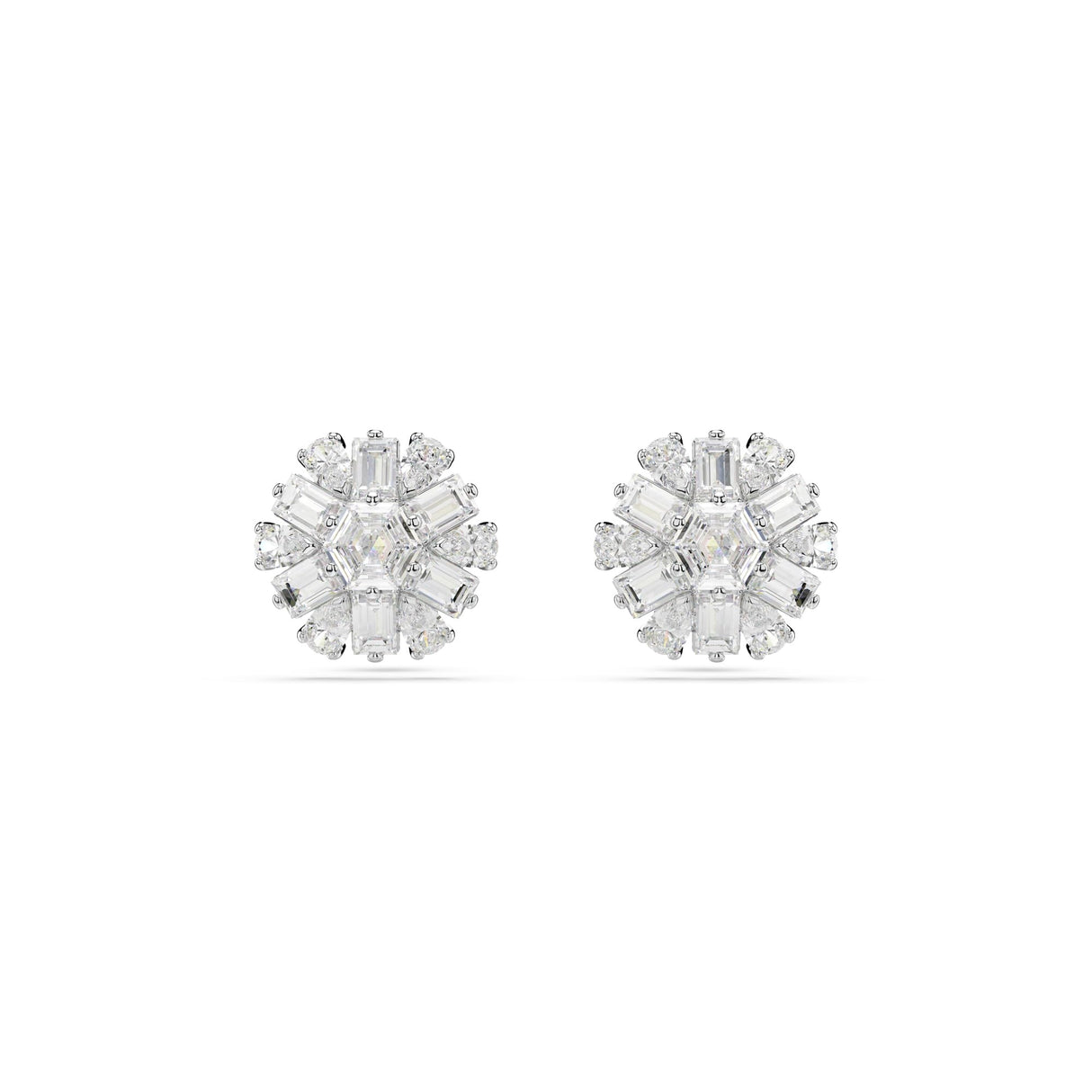 Swarovski Pendientes de botón Idyllia, Tallas mixtas, Copo de nieve, Blancos, Baño de rodio