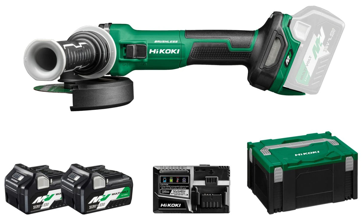 HIKOKI Akku Winkelschleifer, G3613DVEWQZ, (36V (2,5 Ah) Li-ion) 0-10000 min-1/min Drehzahl, Scheiben-ø: 125mm, Brushless, mit AT Modus, Spindelarrietierung, im HSC III