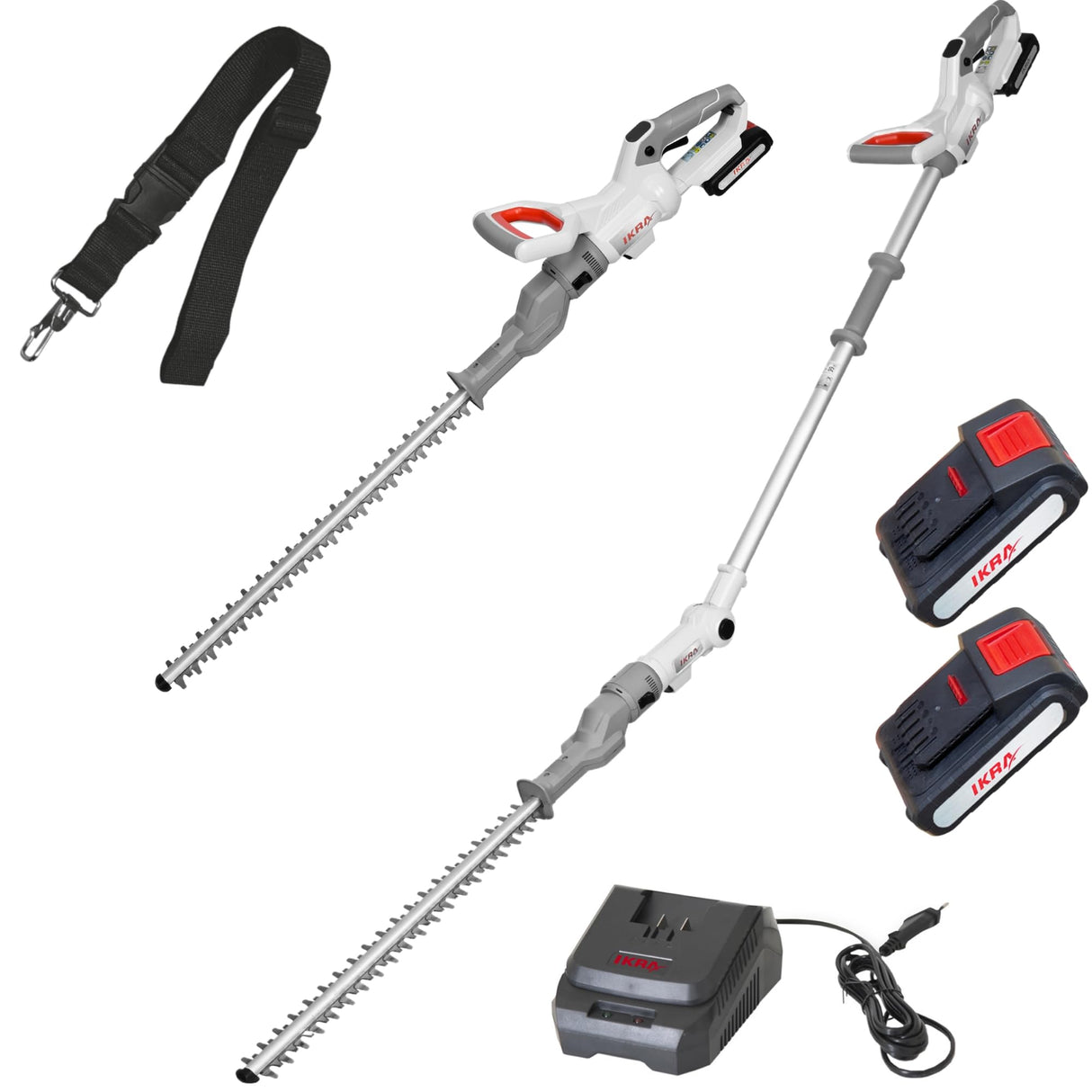 IKRA Tijeras Cortasetos 2 en 1 ICPH 2050 con pértiga telescópica para setos Altos, Incl. 2 baterías de 20 V, estación de Carga rápida y Cinta de Hombro