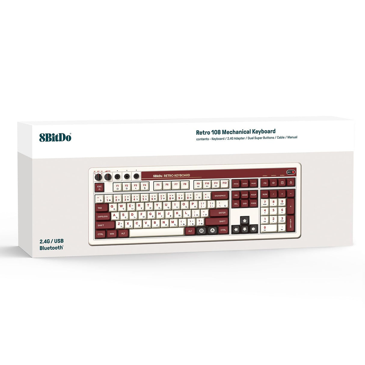 8BitDo Retro 108 Mechanical Keyboard with 108 Keys and Integrated Numpad, Bluetooth/2.4G/USB-C Hot Swappable Wireless Gaming Keyboard for Windows and Android - Fami Edition - QWERTY English Keyboard