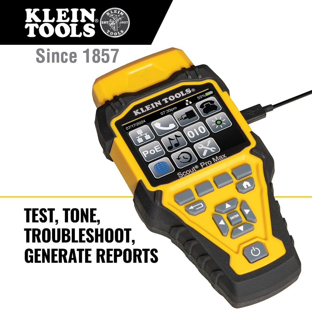 Klein Tools VDV501-770 - Juego de comprobador de cables, Scout Pro Max Ethernet, coaxial/video, teléfono, (RJ11/RJ12/RJ45) cables de conector F, controles remotos de prueba y mapa