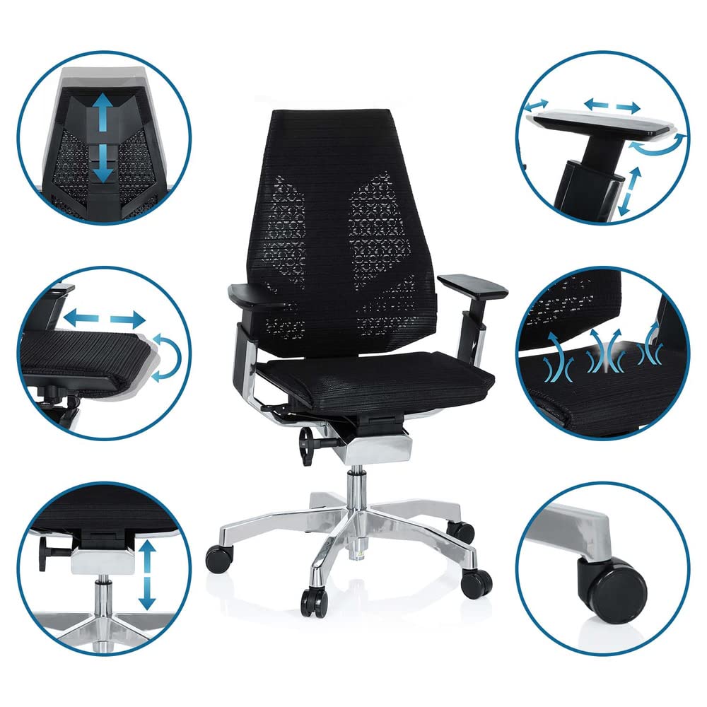 hjh OFFICE 652601 Silla de Oficina GENIDIA Tejido de Malla Negro, Silla giratoria ergonómica, Respaldo Ajustable
