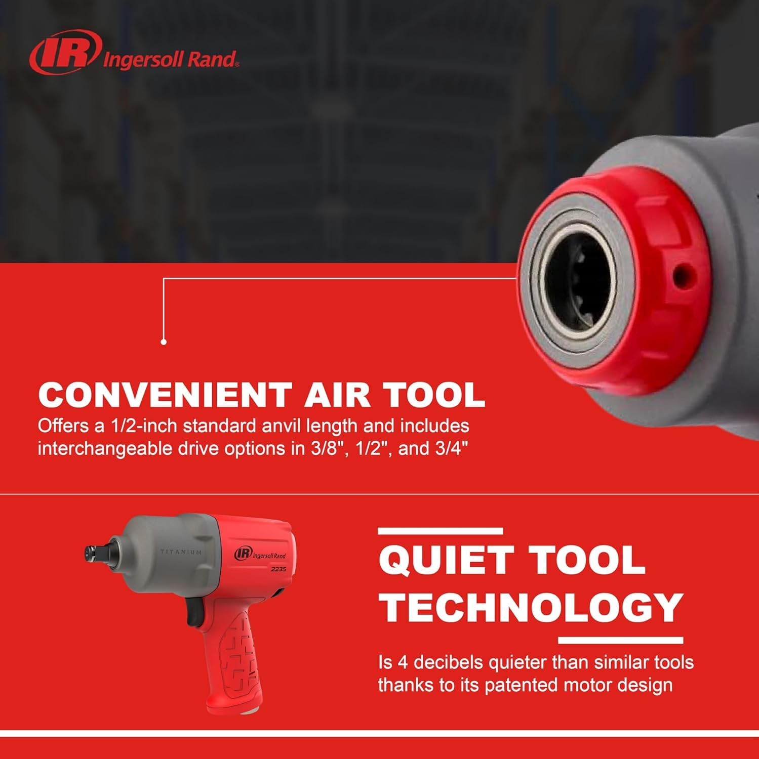 Ingersoll-Rand 2236QTIMAX DXS2 1/2" Llave de Impacto de Aire, Silenciosa, 1500 ft-lb, Caja de Martillo de Titanio, Retenedor de Anillo de Fricción