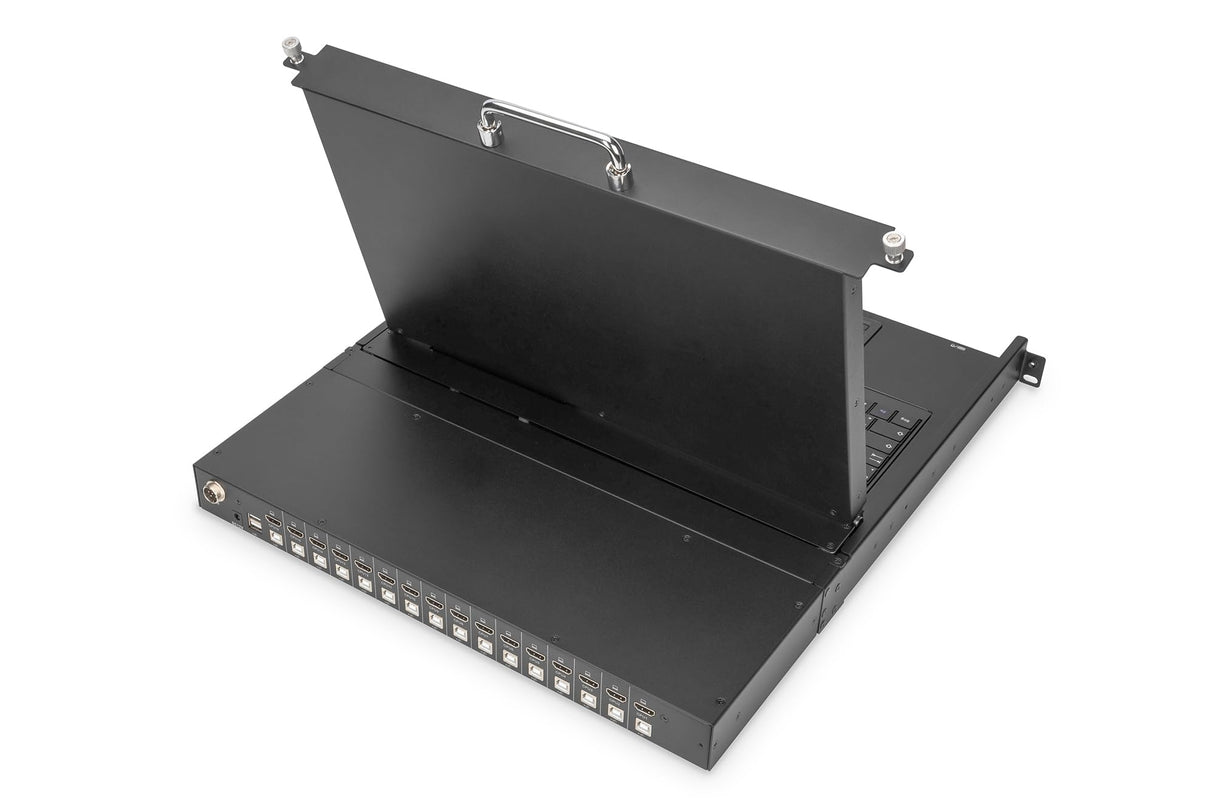 DIGITUS Consola KVM de 17" - FullHD - Conmutador HDMI de 16 Puertos - Teclado GE - para armarios de Servidor y Red de 19 Pulgadas - Negro