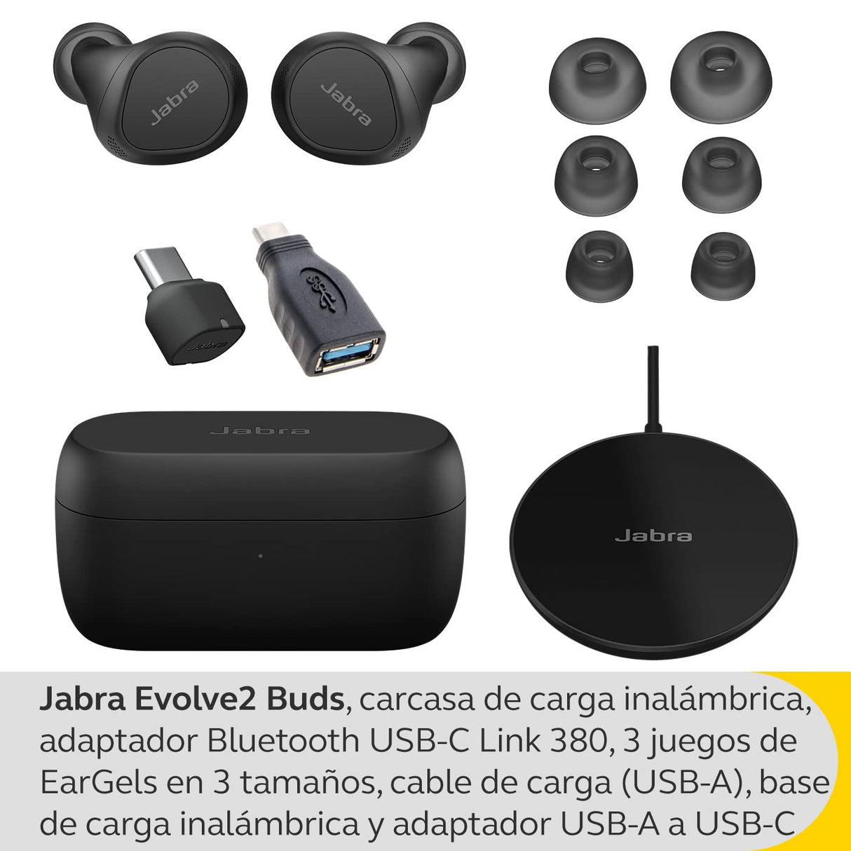 Jabra Evolve2 Buds, Auriculares Bluetooth Intraaurales Inalámbricos, Cancelación Activa de Ruido, MultiSensor y Base de Carga Inalámbrica, Certificados para Reuniones Virtuales, Negro