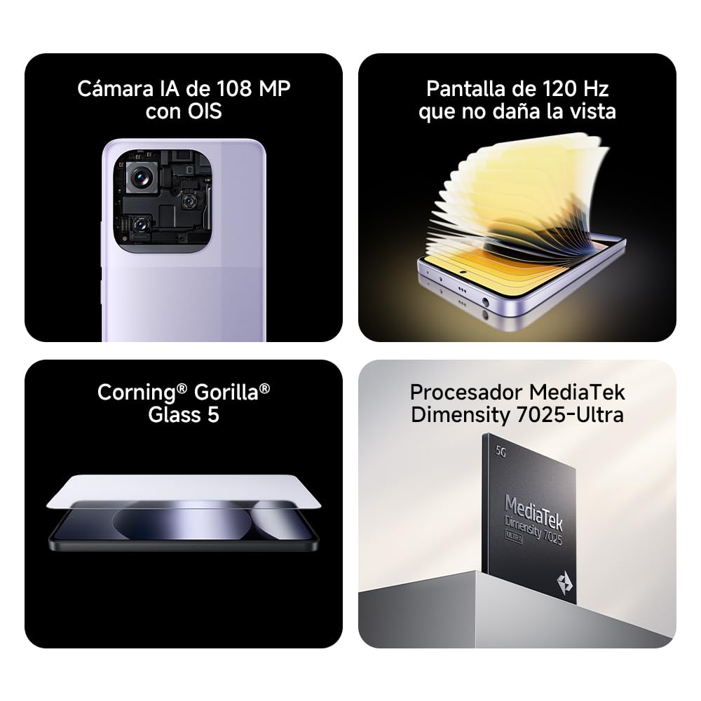 XIAOMI Redmi Note 14 5G - Smartphone de 8+256GB, Pantalla de 6.67" AMOLED FHD+ 120Hz, MediaTek Dimensity 7025-Ultra, cámara de 108MP, 5110 mAh, Cargador no Incluido, Morado (Versión ES)