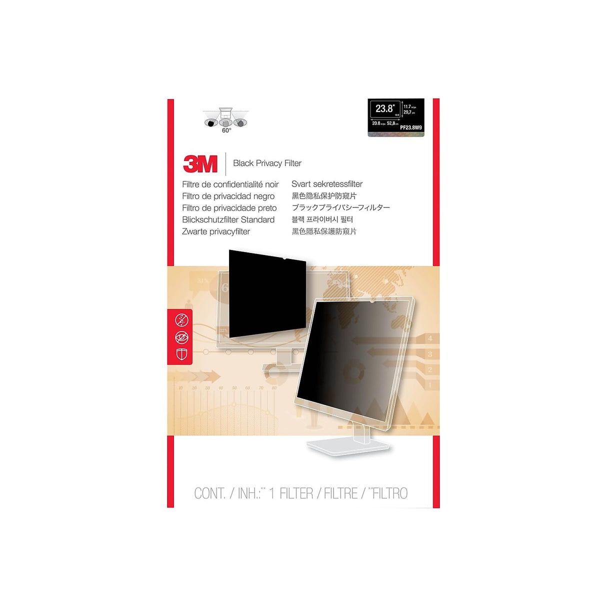 Filtro de privacidad 3M PF238W9B para monitor de pantalla panorámica de 23.8 ", 16: 9, Negro
