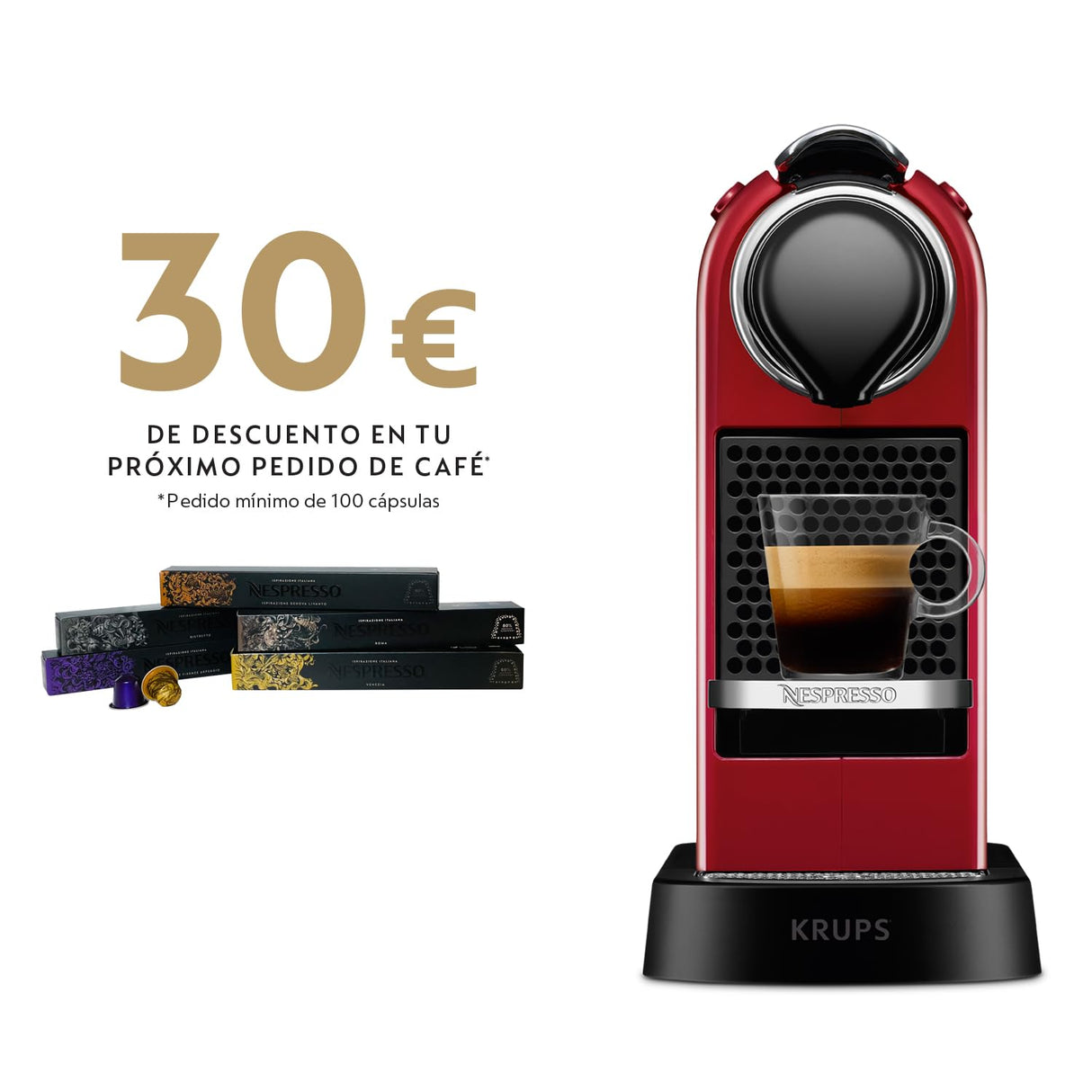 Krups Nespresso Citiz & Milk XN7615 - Cafetera de cápsulas monodosis, con 19 bares de presión, thermoblock, capacidad 1L, función automática, con Aeroccino, color Rojo, incluye pack de bienvenida