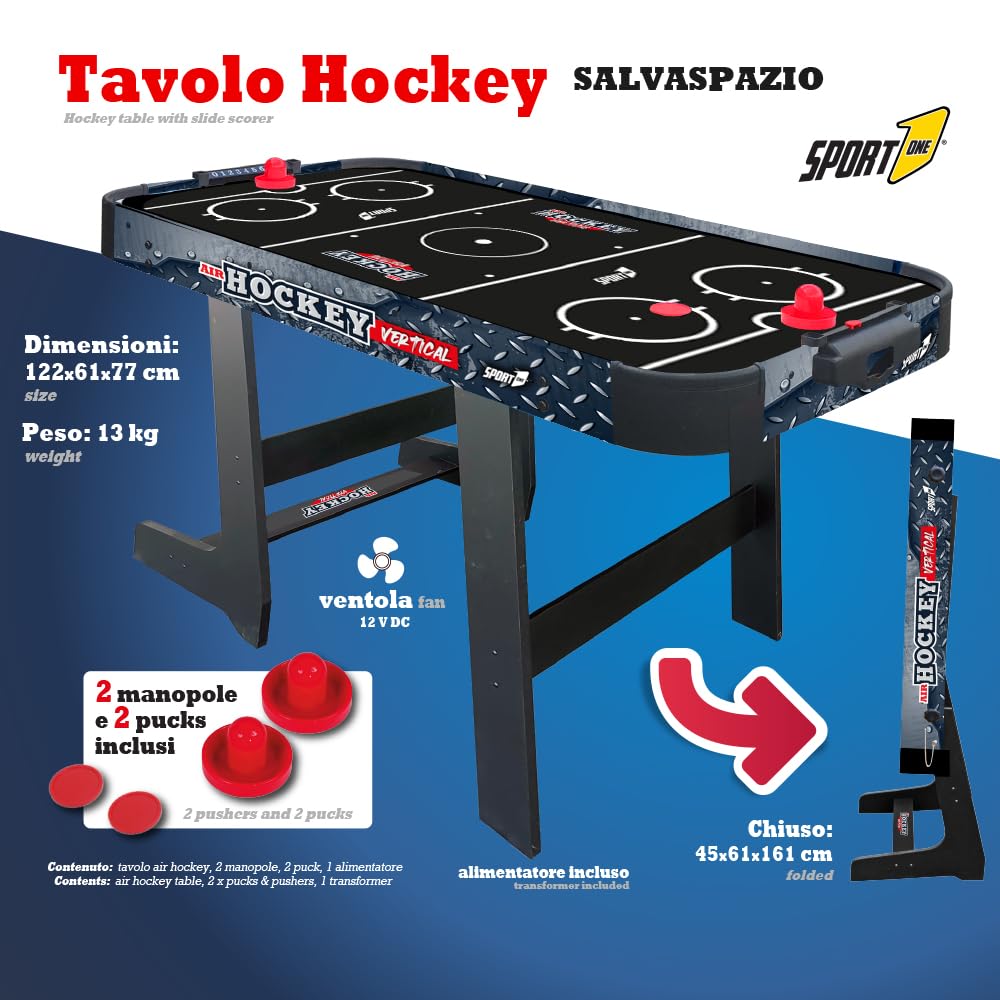 Sport1 Air Hockey Metal Vertical Mesa Plegable de Hockey Air Mini con Ventilador 12V Mesa Air Hockey Ahorro de Espacio Medidas 121x60x76cm 2 Puños y 2 Discos Incluidos con Marcador Integrado.