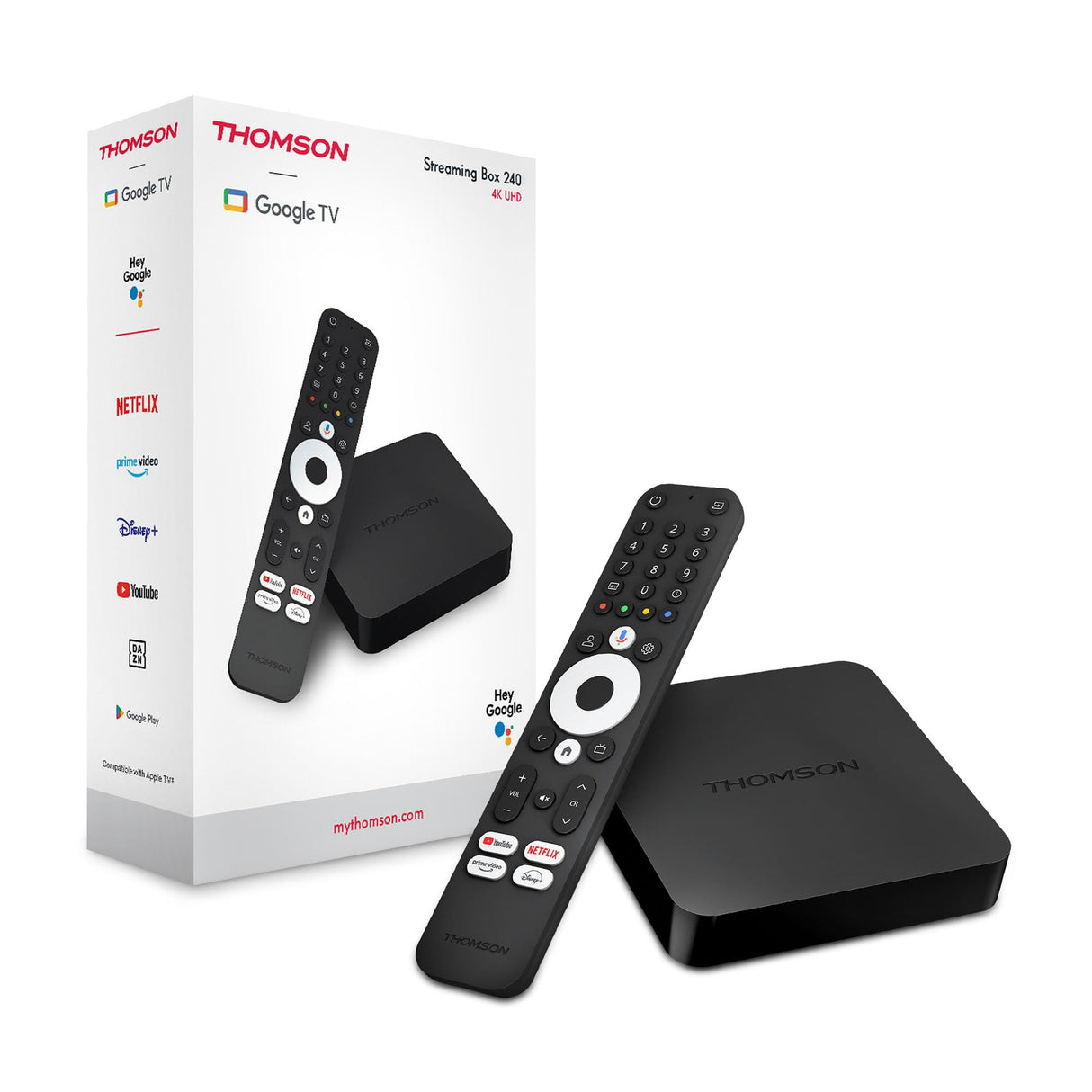 THOMSON Google TV Streaming Box 240, 4K UHD, Google Assistant, Google Cast, Wi-Fi, Bluetooth 5.0, HDMI 2.1, Dolby Atmos, Dolby Digital+, HDR10, 2 GB RAM, 8 GB Memoria