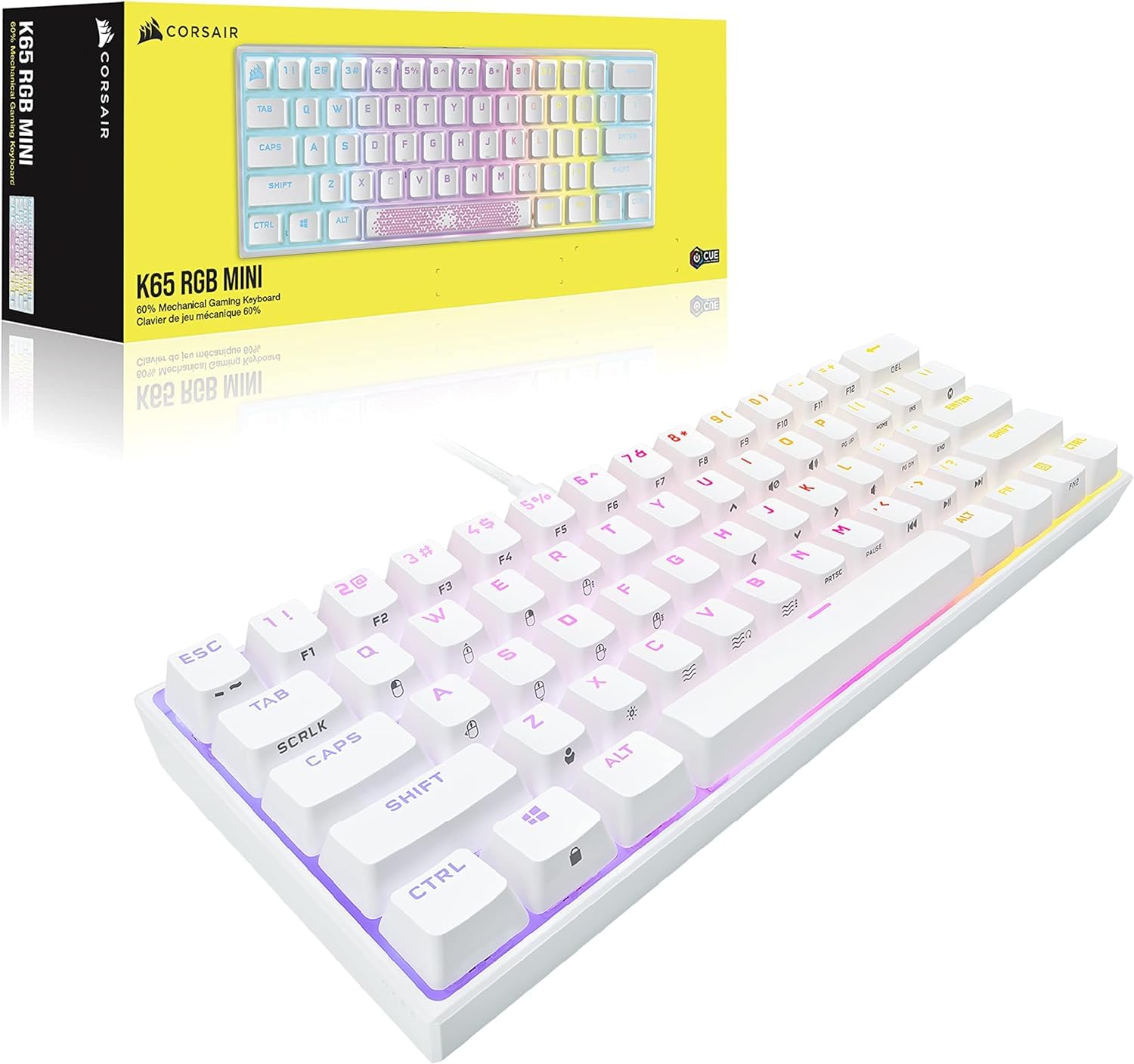 Corsair K65 RGB Mini 60% Teclado de Juego con Cable mecánico – Switches lineales Cherry MX Red – Teclas PBT de Doble Salida, Compatible con iCUE – AZERTY FR – PC, Mac, Xbox – Blanco