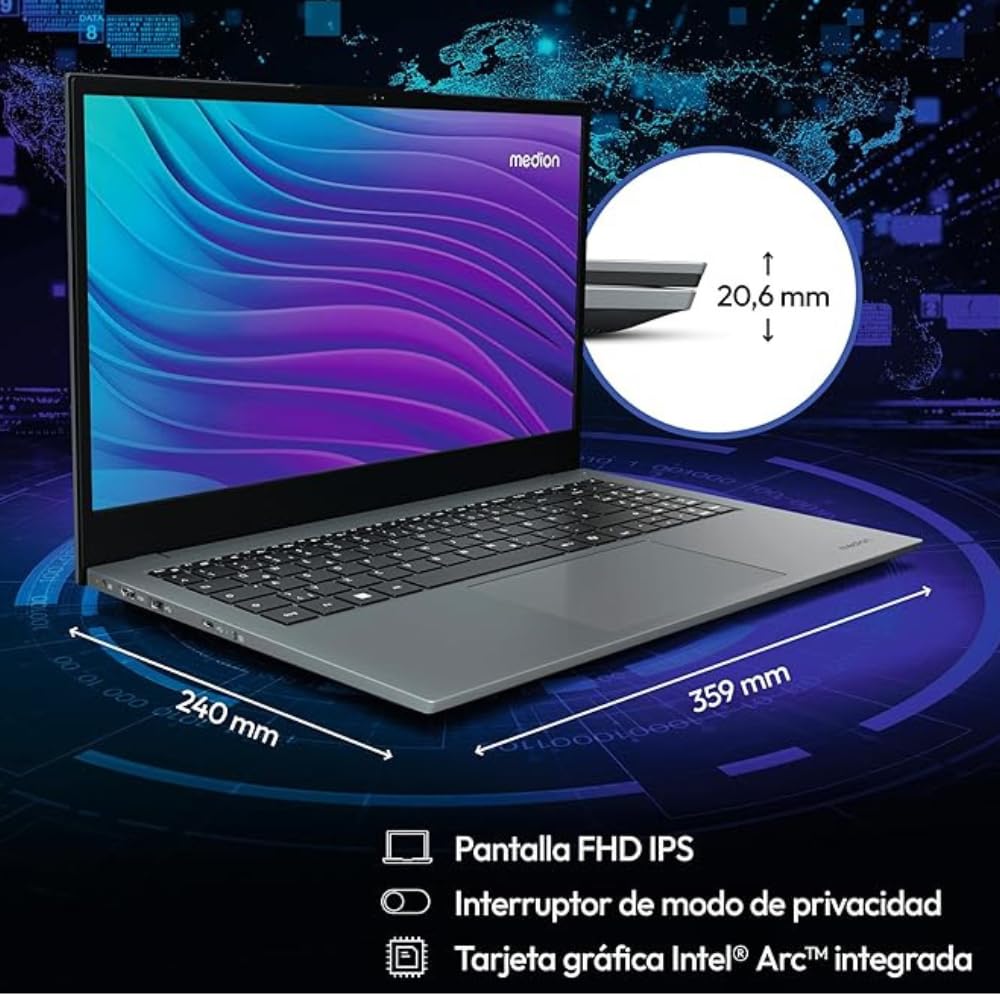 MEDION Elite E15443-15.6" FHD. Intel Core 5-125H. Intel ARC Graphics. 16GB RAM. 512GB SSD. Windows 11 Home. Wi-Fi. Plata. Teclado QWERTY. MD62621. Incluye Programa de Fiabilidad, Garantía