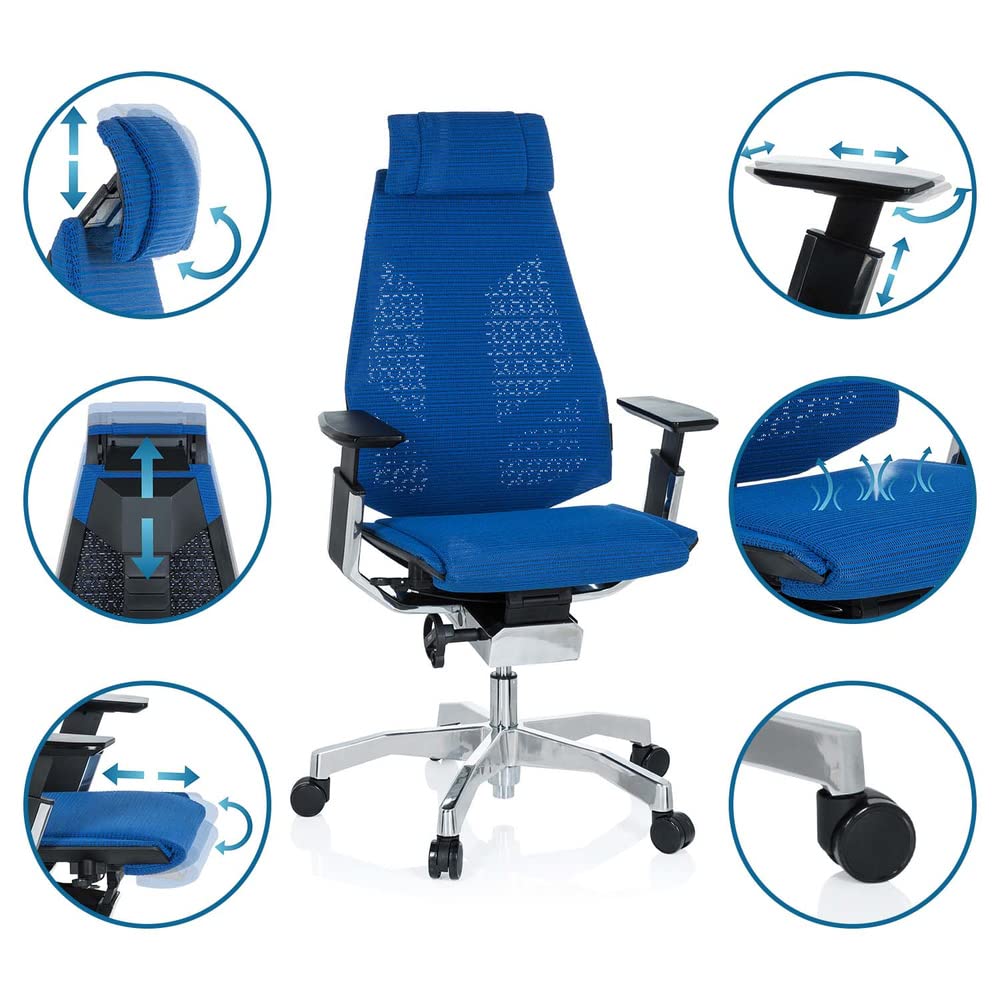hjh OFFICE 652604 Silla de Oficina GENIDIA Pro Tejido de Malla Azul, Silla ejecutiva ergonómica, reposabrazos y reposacabezas Ajustables
