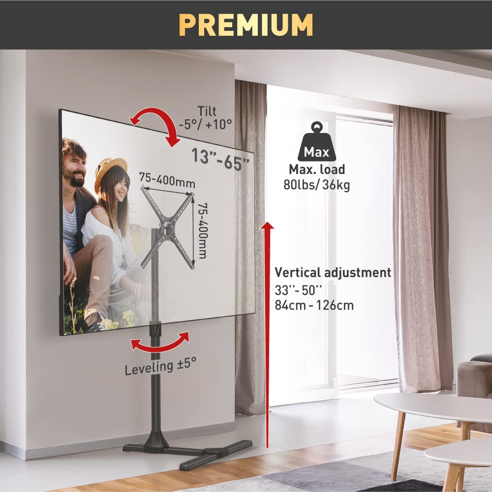 Barkan Soporte TV de Suelo para Pantallas de 13-65 Pulgadas, Giratorio e inclinación y Altura Ajustable, Acabado Brillante, TV Pie, Peso máximo 36Kg, hasta VESA 400x400