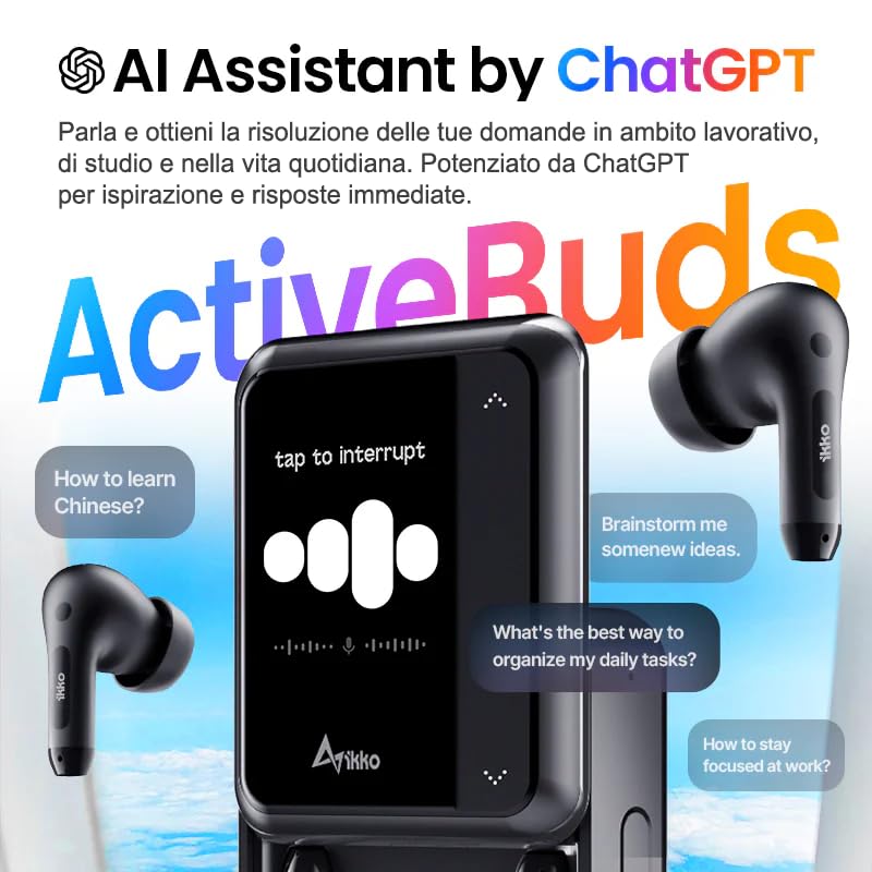 Auriculares inalámbricos TWS AI Smart Ikko Active Buds: Auriculares con cancelación de Ruido, conexión Bluetooth, función traductor instantáneo, 4G SIM, WiFi, hasta 30 Horas de autonomía, ChatGPT