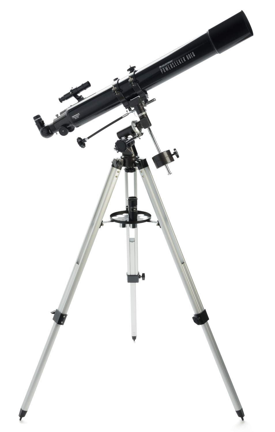 Celestron 21048 PowerSeeker 80EQ Telescopio Refractor: Incluye Dos oculares, Diagonal de Imagen Recta, Lente Barlow de 3 aumentos, trípode Ajustable en Altura y Bandeja de Accesorios de Lujo, Negro