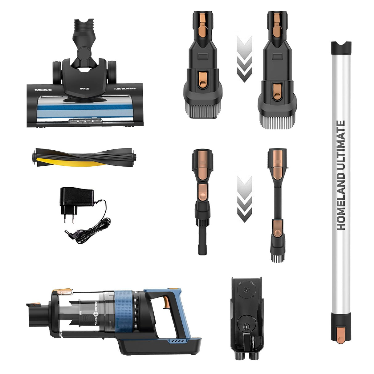Taurus - Aspirador Escoba Homeland Ultimate 150W | 21.000Pa | Triple Advanced Filtration | Cepillos All Road y Fuzzy | Iluminación Optic LED | Batería Extraíble Litio 29.6V | Pantalla Digital