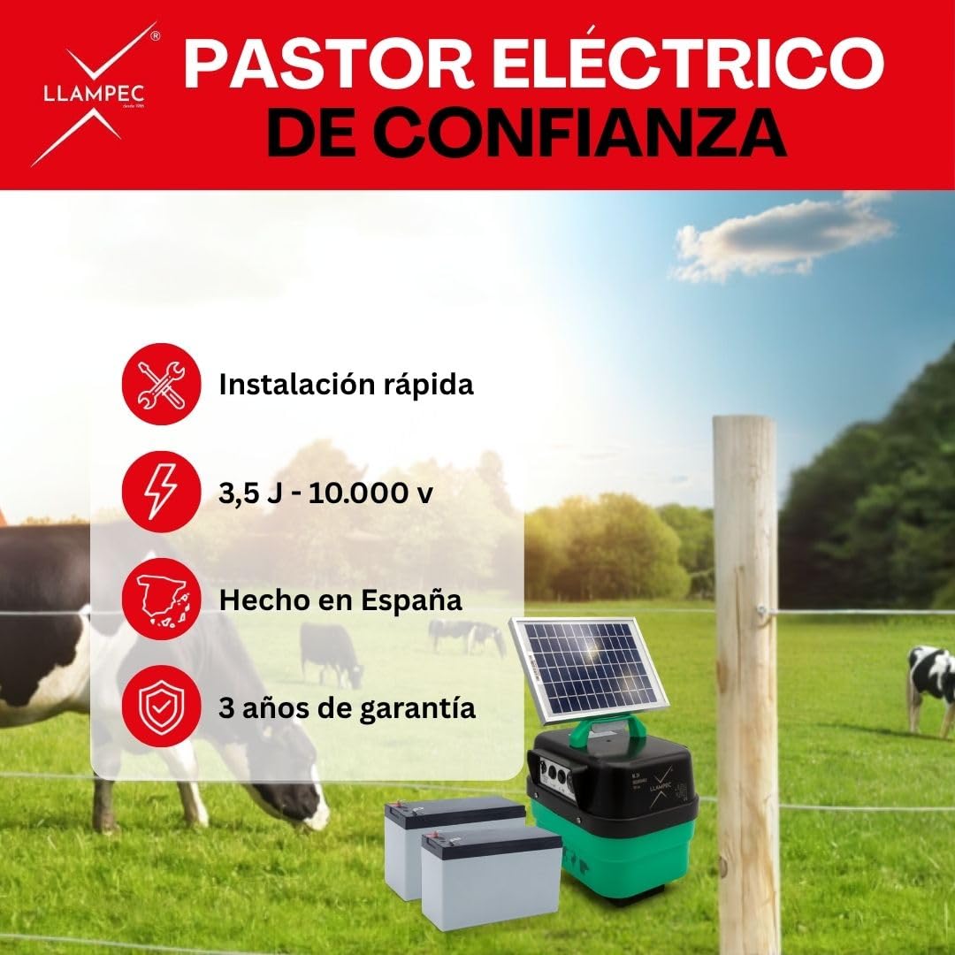 Llampec Pastor Eléctrico Solar 24S con 2 Baterías 12 V 7Ah y Panel Solar Incluidos – 3,5 J - 10.000 V - 35 km de Alcance – Cerca Eléctrica Para Ganado, Caballos, Ovejas y Perros – Fabricado en España