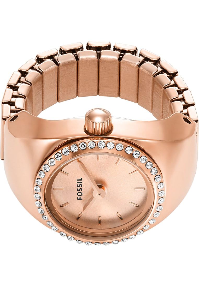 Fossil Reloj Ring para Mujer, Movimiento de Cuarzo a Dos Agujas con Correa de Acero Inoxidable, Oro Rosa y Purpurina