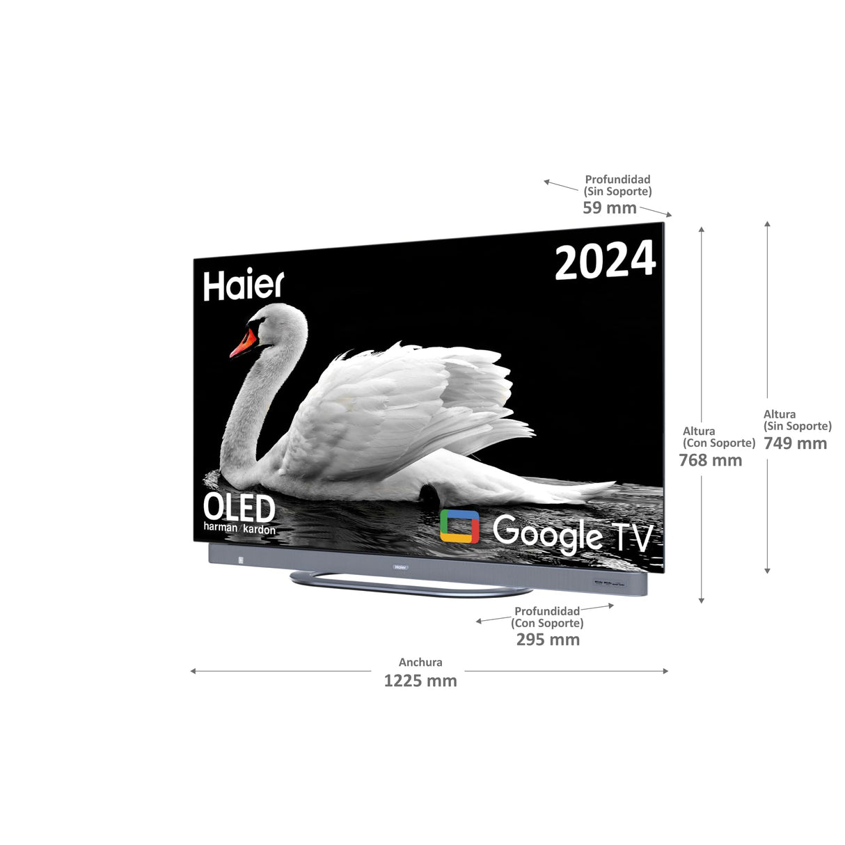 Haier OLED Harman Kardon 4K UHD H55C900UX - 55", Smart TV, Google TV, Dolby Atmos y Dolby Vision, HDR 10, Smart Remote Control, Google Assistant, Bluetooth 5.1, DBX TV, HDMI 2.1 x 4, Sin Marcos, 2024