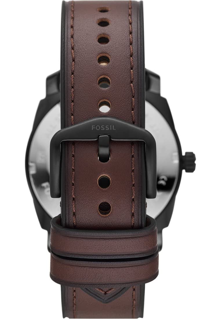 Fossil Reloj para hombre Machine, movimiento de cuarzo, caja de 42 mm de acero inoxidable negro con correa de piel Pro-Planet, FS5901