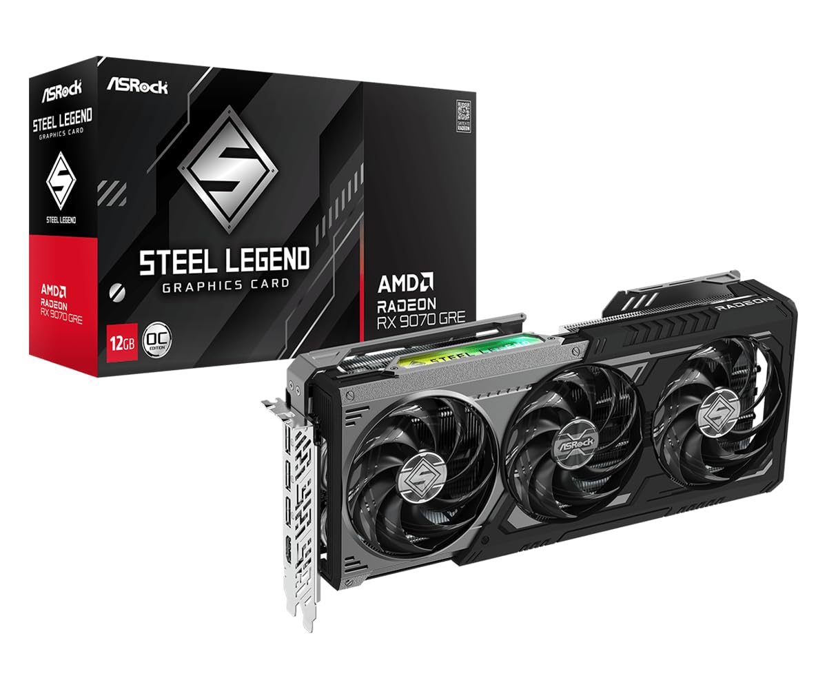 ASRock Radeon RX 9070 GRE Steel Legend Dark 12GB OC, AMD RDNA 4, 12GB GDDR6, PCIe 5.0, 3X Ventiladores, 0dB silencioso, sincronización policromada, 2920MHz Boost